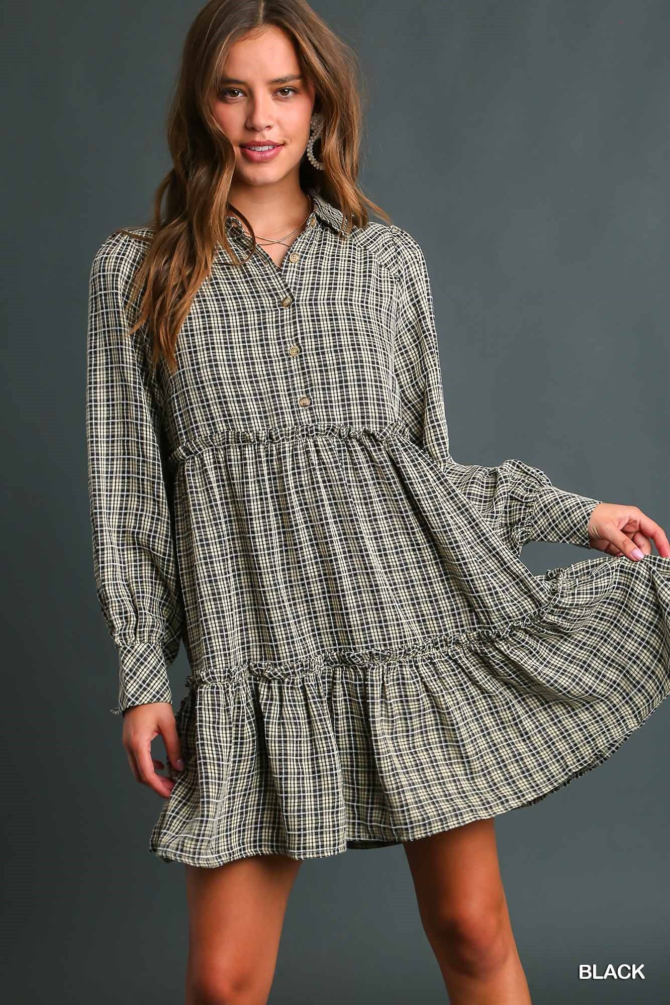 Umgee Long Sleeve Ruffle Tiers Plaid Side Pockets Dress