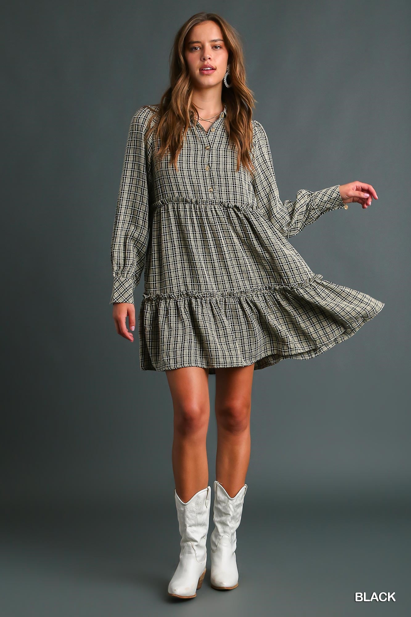 Umgee Long Sleeve Ruffle Tiers Plaid Side Pockets Dress