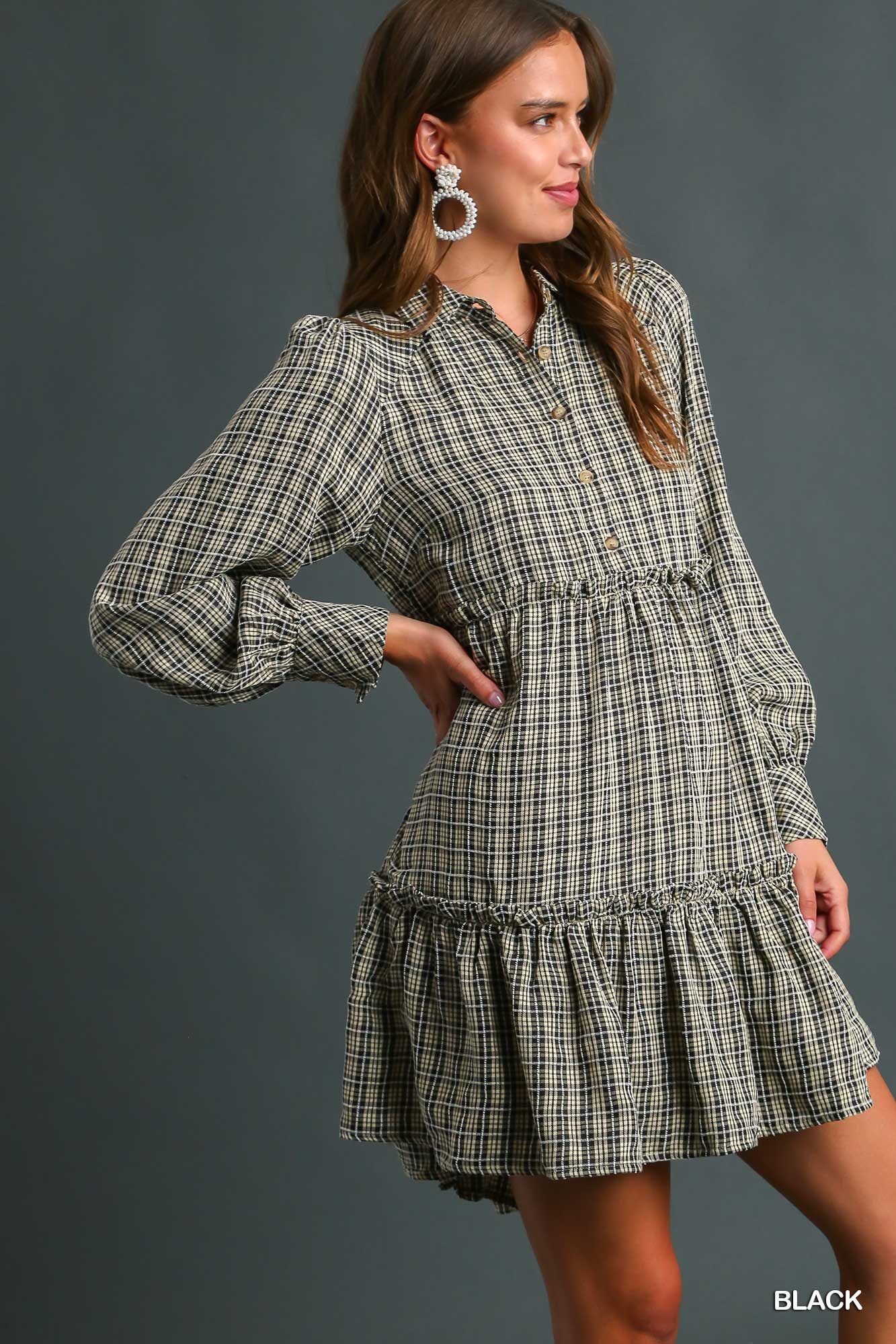 Umgee Long Sleeve Ruffle Tiers Plaid Side Pockets Dress