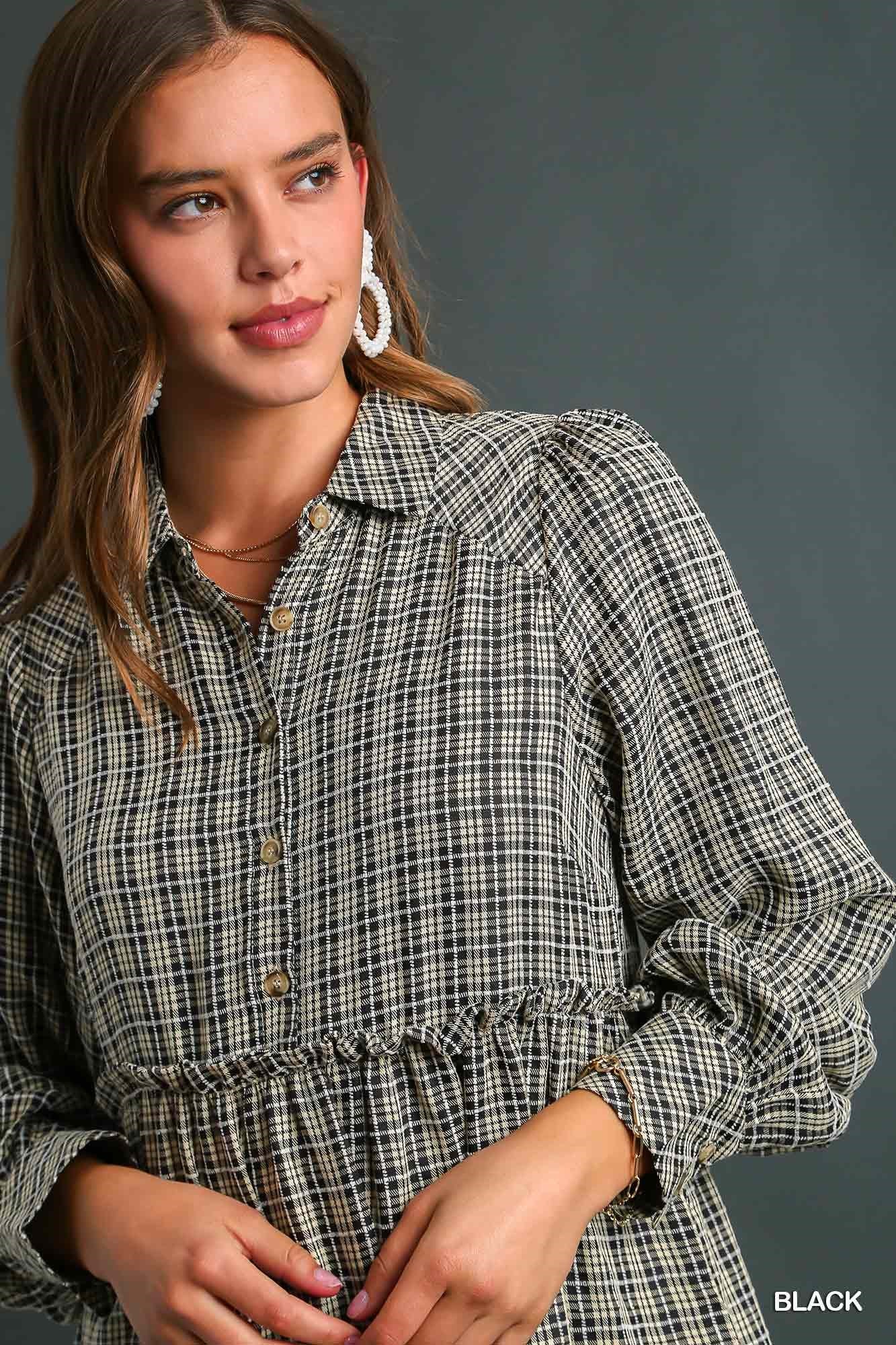 Umgee Long Sleeve Ruffle Tiers Plaid Side Pockets Dress