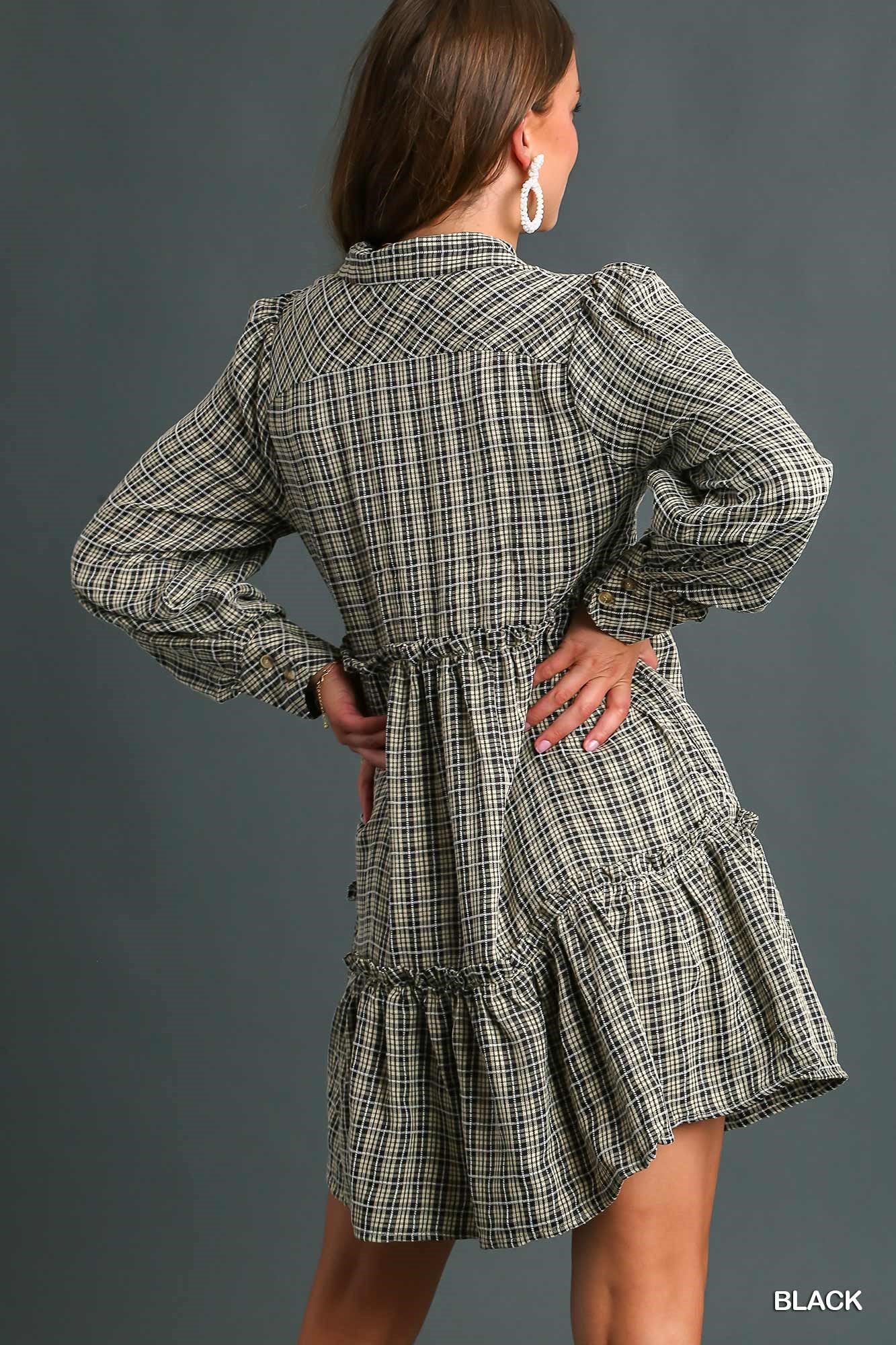 Umgee Long Sleeve Ruffle Tiers Plaid Side Pockets Dress