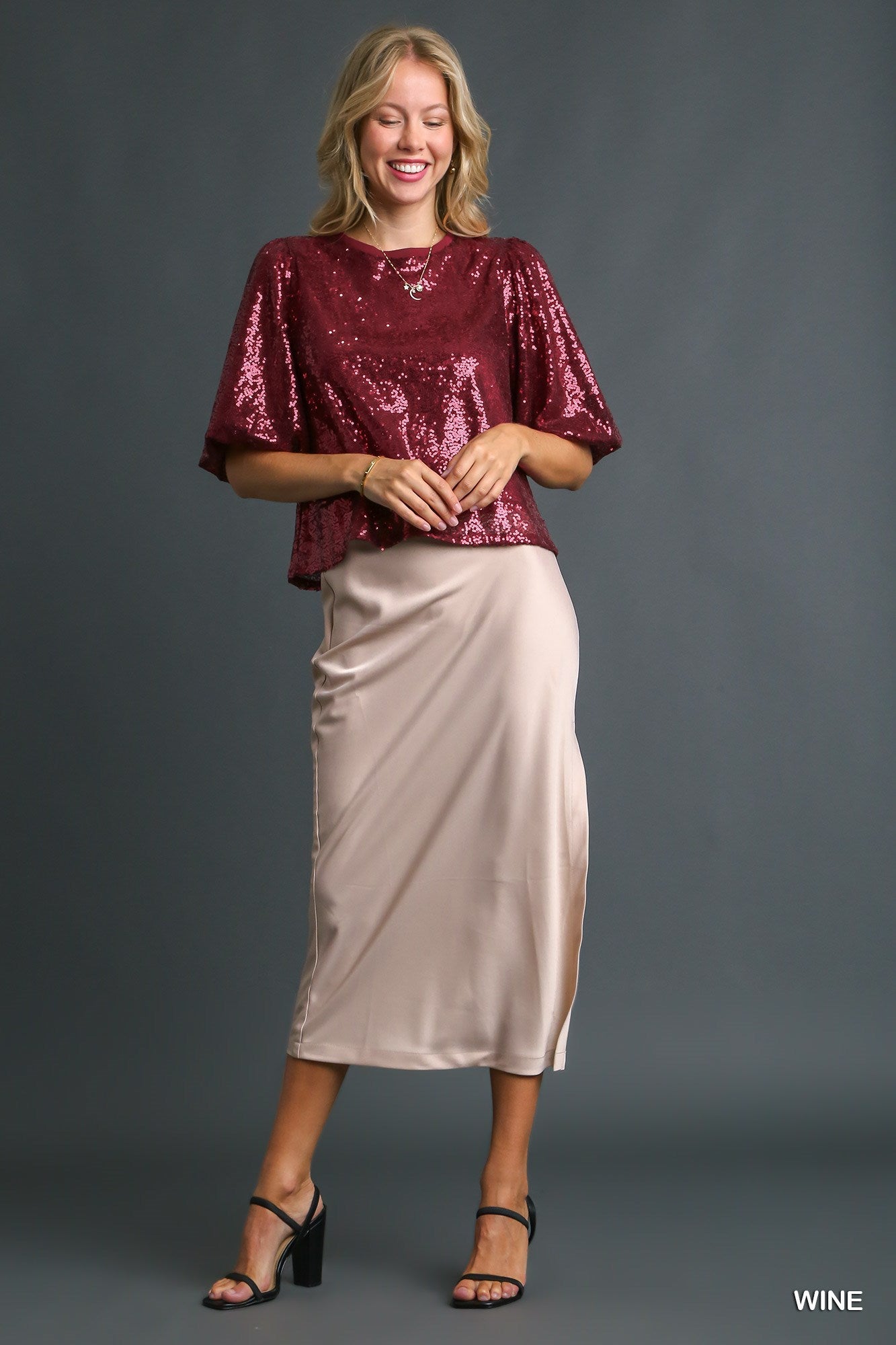 Umgee Sequin Short Puff Sleeve Back Tie Top - Roulhac Fashion Boutique