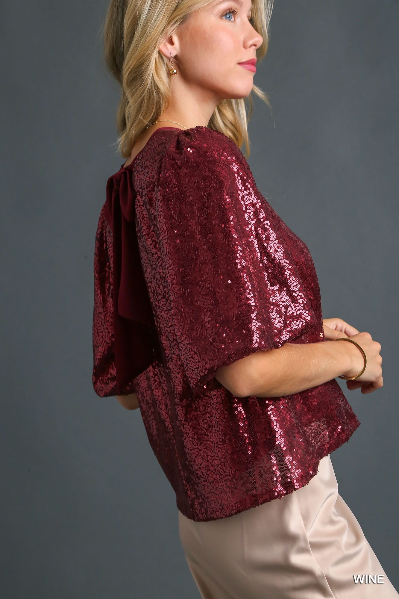 Umgee Sequin Short Puff Sleeve Back Tie Top - Roulhac Fashion Boutique