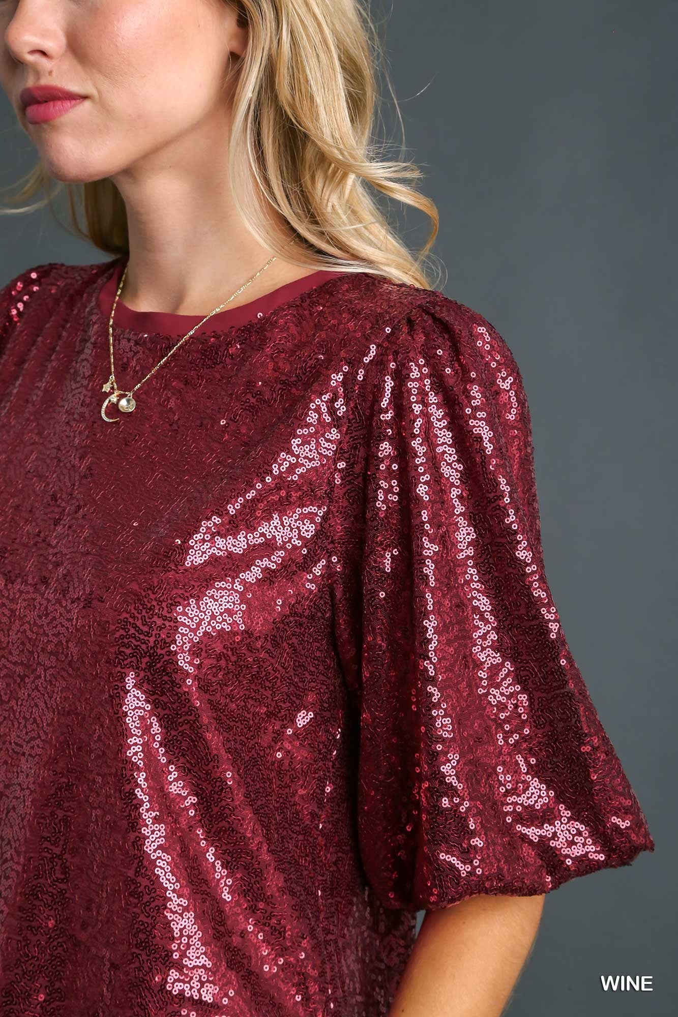 Umgee Sequin Short Puff Sleeve Back Tie Top - Roulhac Fashion Boutique