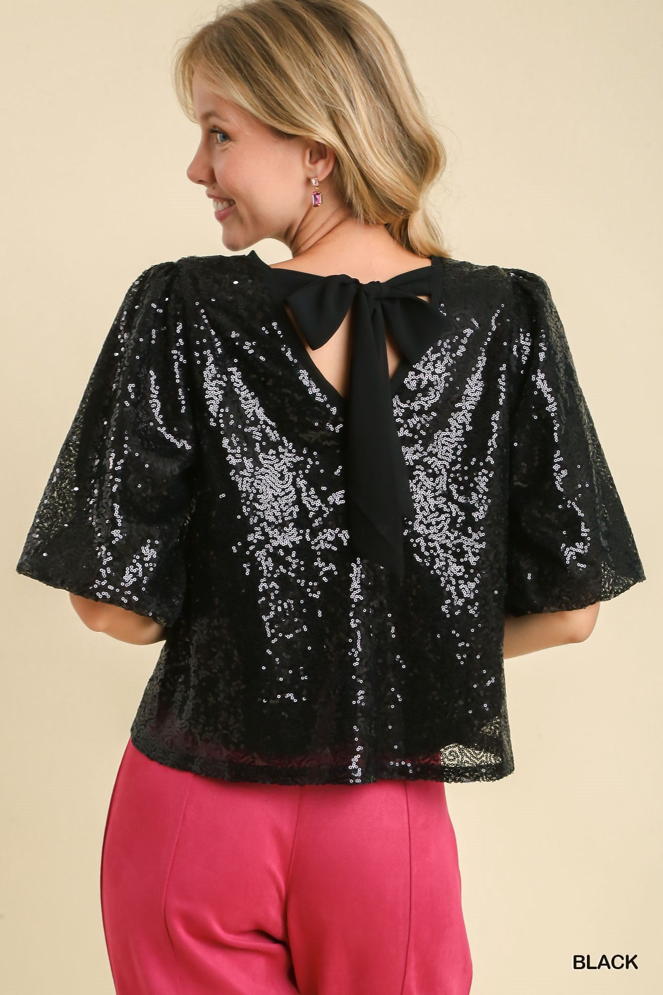 Umgee Sequin Short Puff Sleeve Back Tie Top