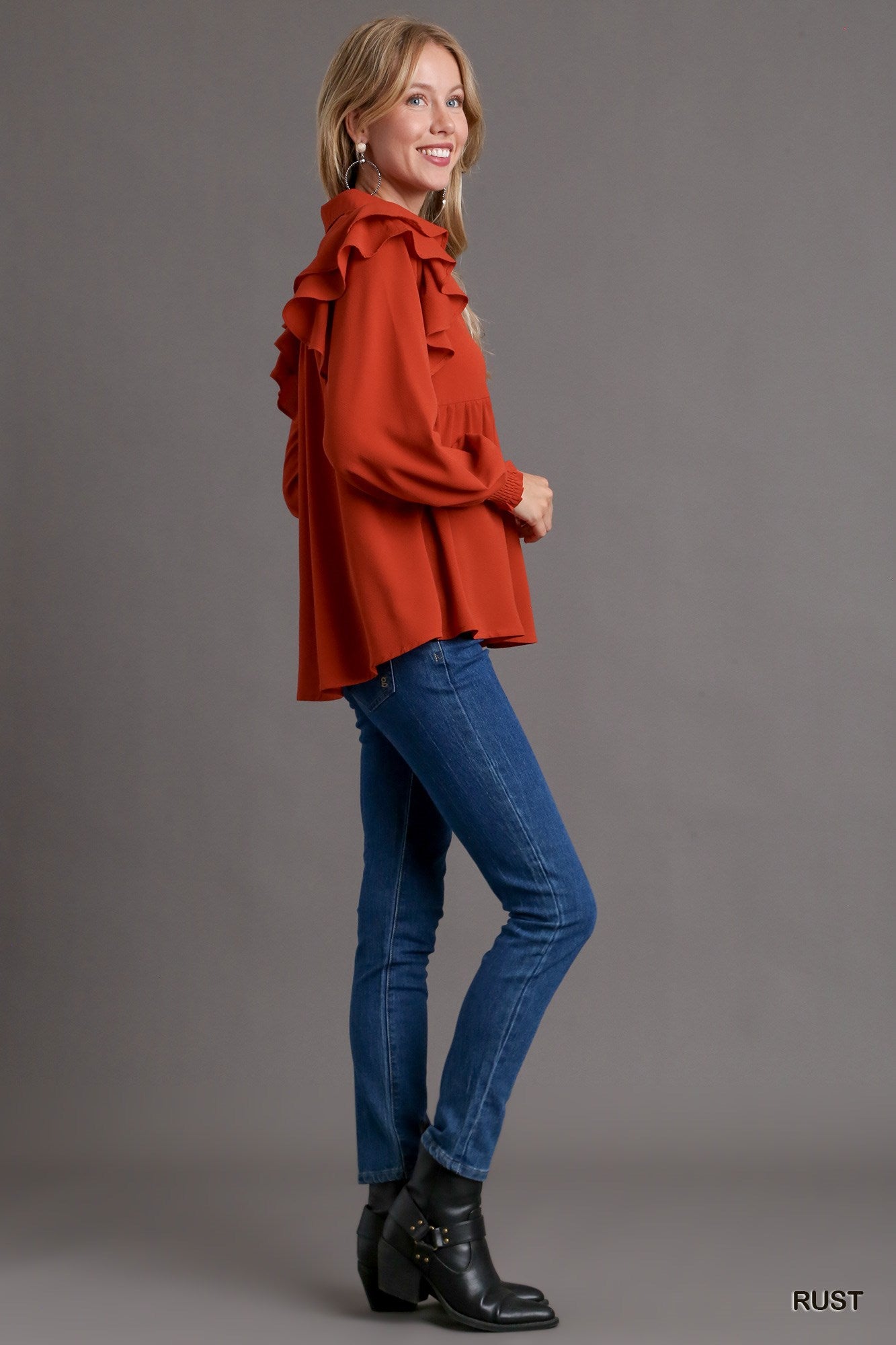 Umgee V-Neck Baby Doll Double Long Sleeve Ruffle Sleeve Top - Roulhac Fashion Boutique