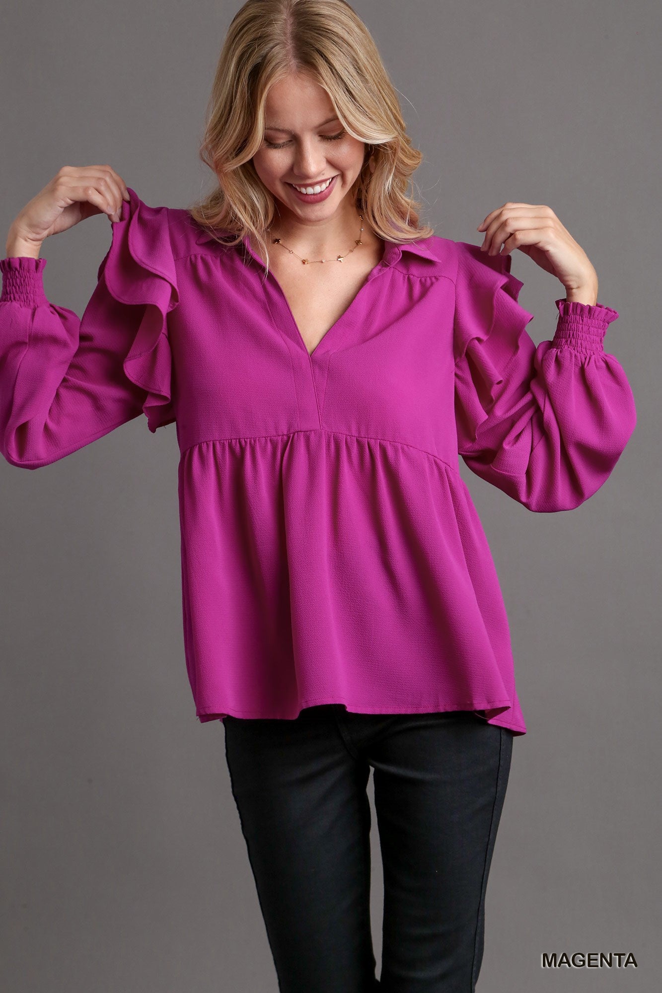 Umgee V-Neck Baby Doll Double Long Sleeve Ruffle Sleeve Top - Roulhac Fashion Boutique