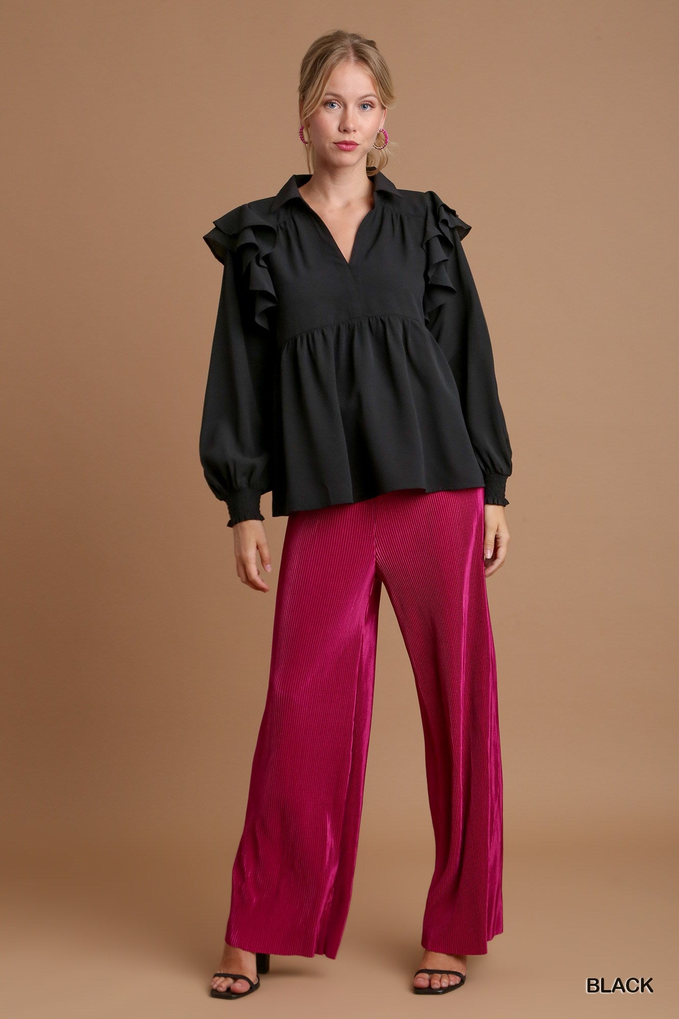 Umgee V-Neck Baby Doll Double Long Sleeve Ruffle Sleeve Top