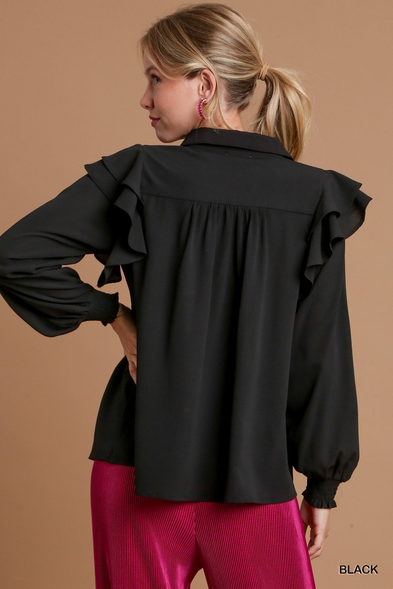 Umgee V-Neck Baby Doll Double Long Sleeve Ruffle Sleeve Top