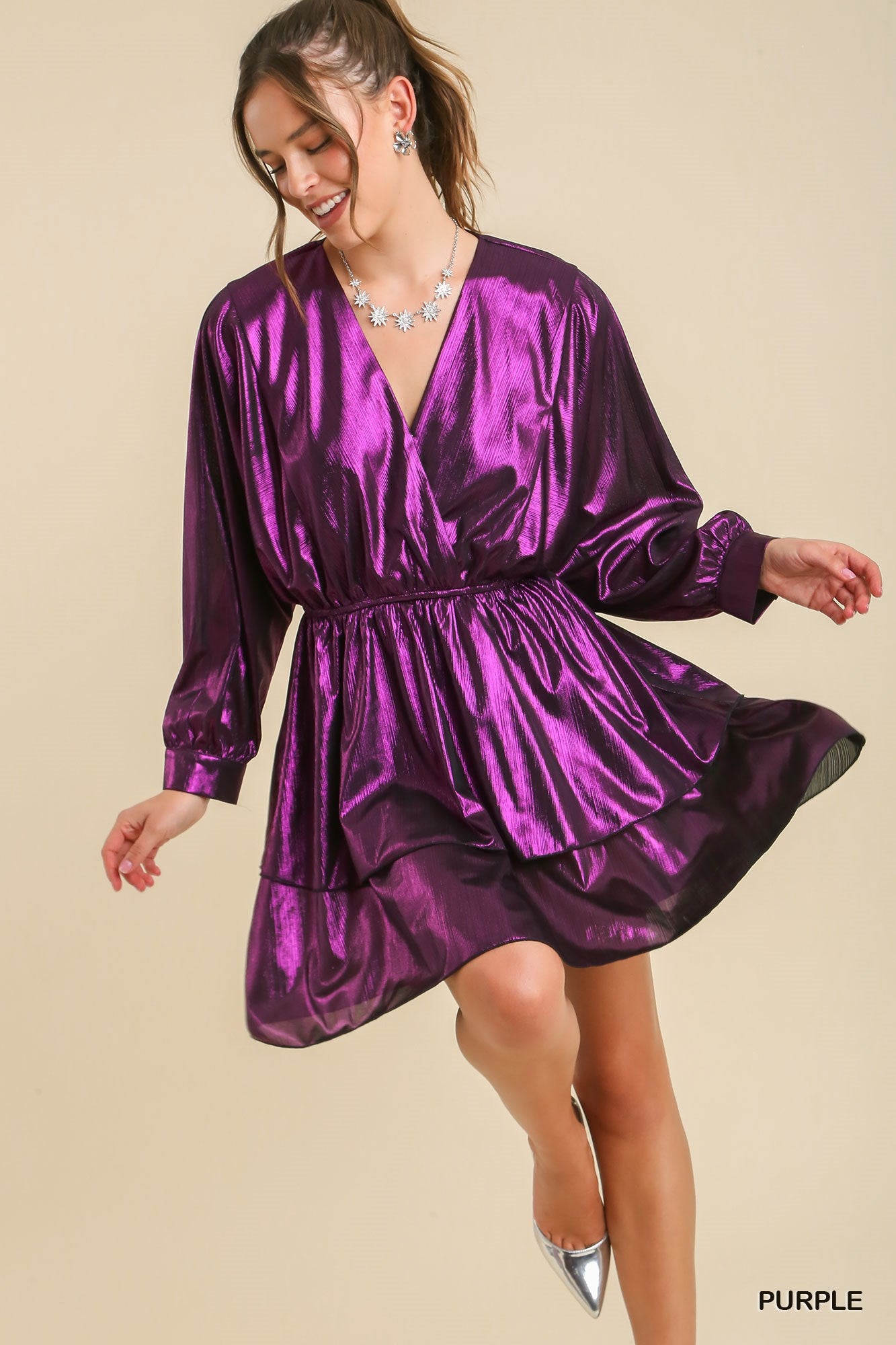 Umgee Metallic Tiered Elastic Waistband Dress - Roulhac Fashion Boutique