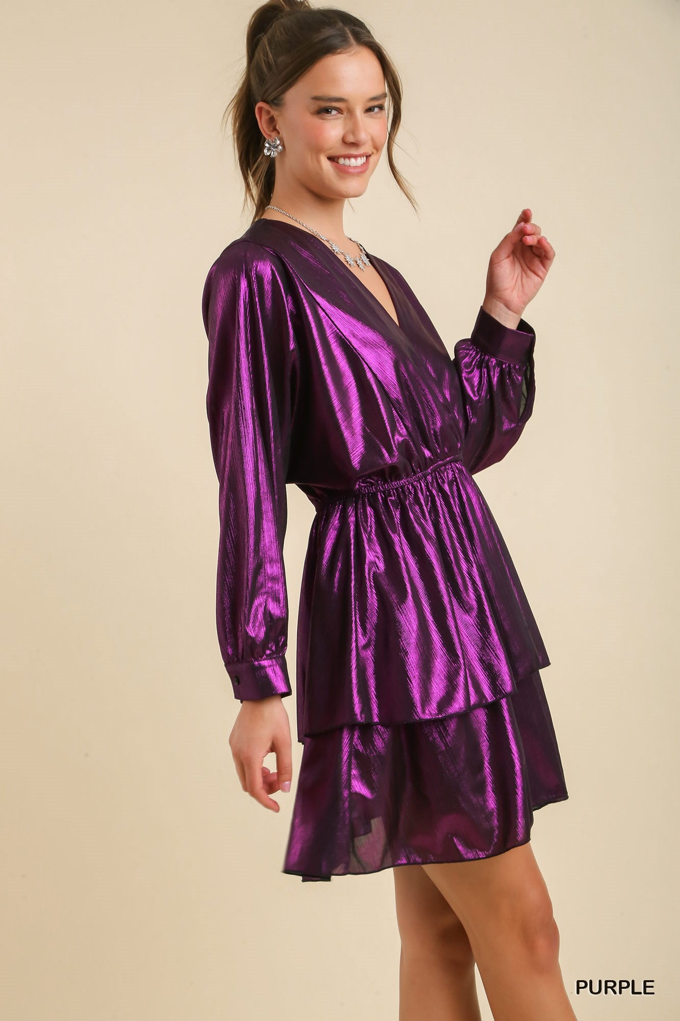Umgee Metallic Tiered Elastic Waistband Dress - Roulhac Fashion Boutique