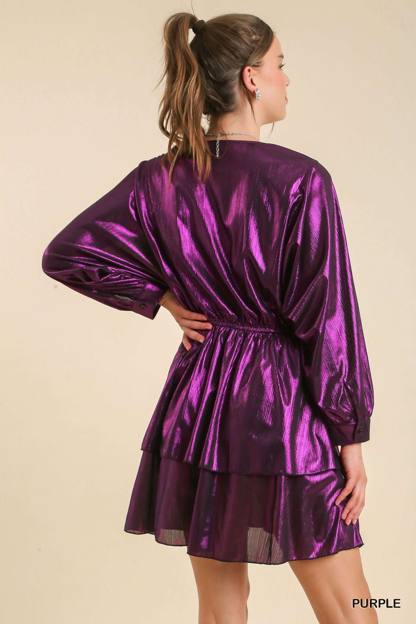 Umgee Metallic Tiered Elastic Waistband Dress