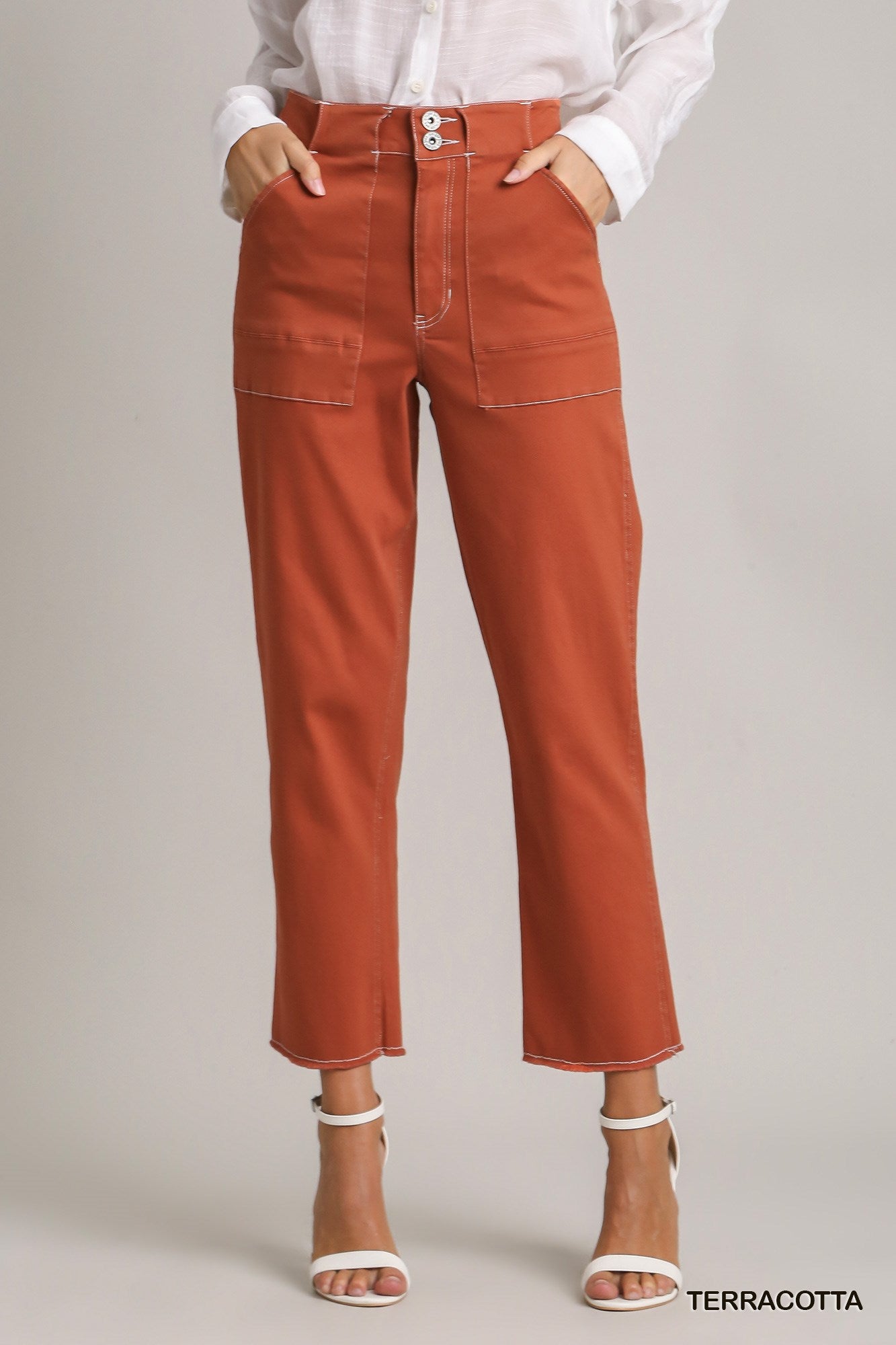 Umgee Twill Contrast-Trim Side Pockets Pants