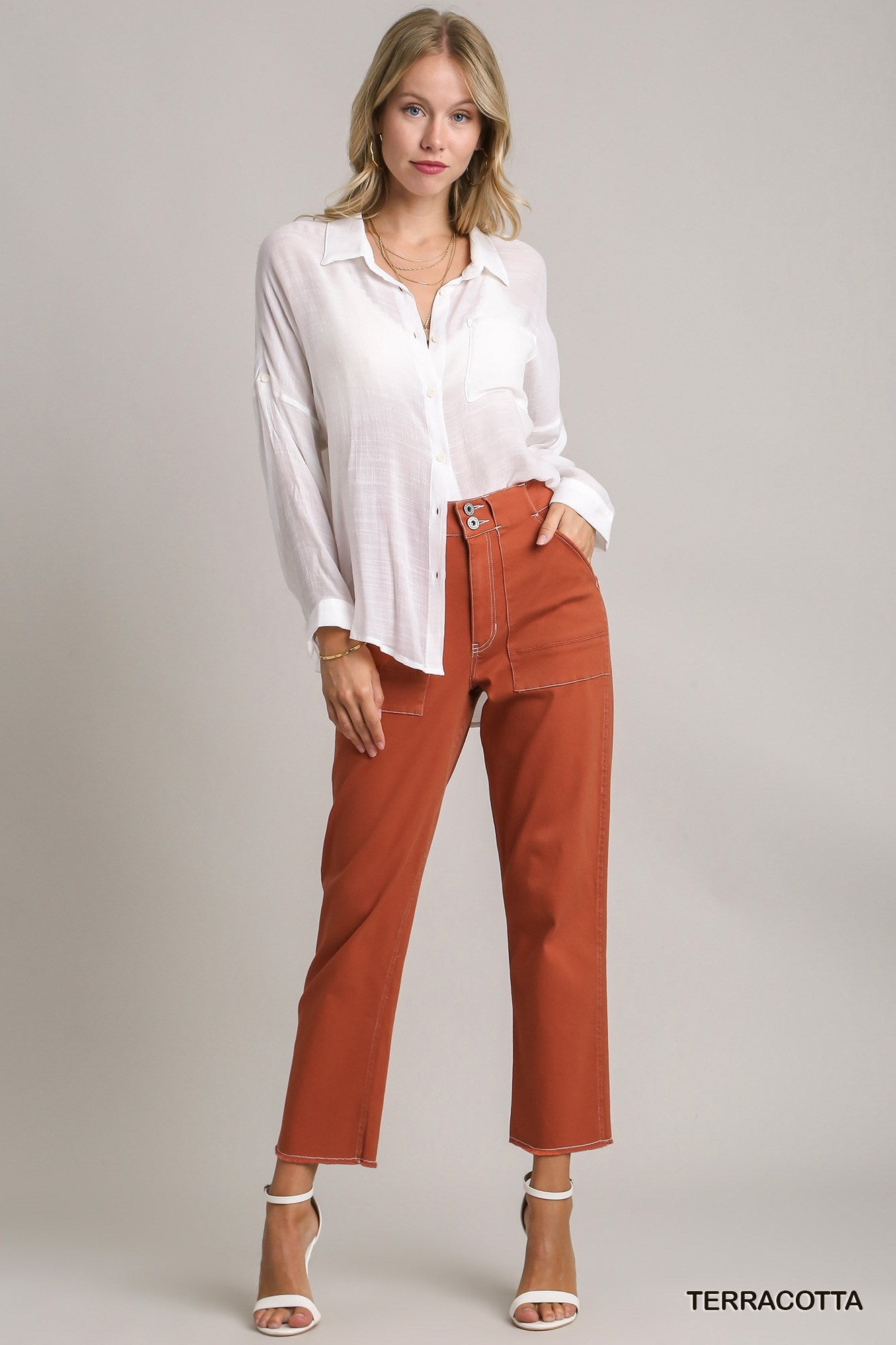 Umgee Twill Contrast-Trim Side Pockets Pants