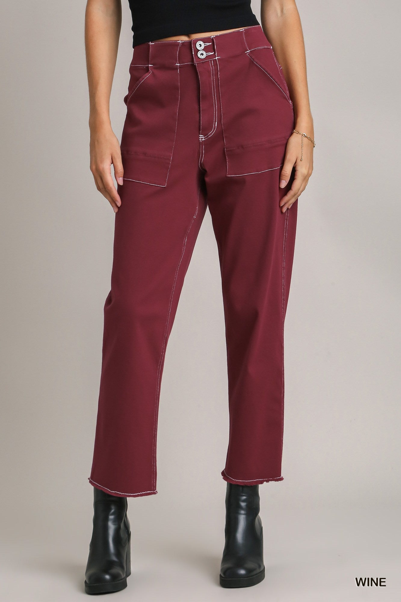 Umgee Twill Contrast-Trim Side Pockets Pants