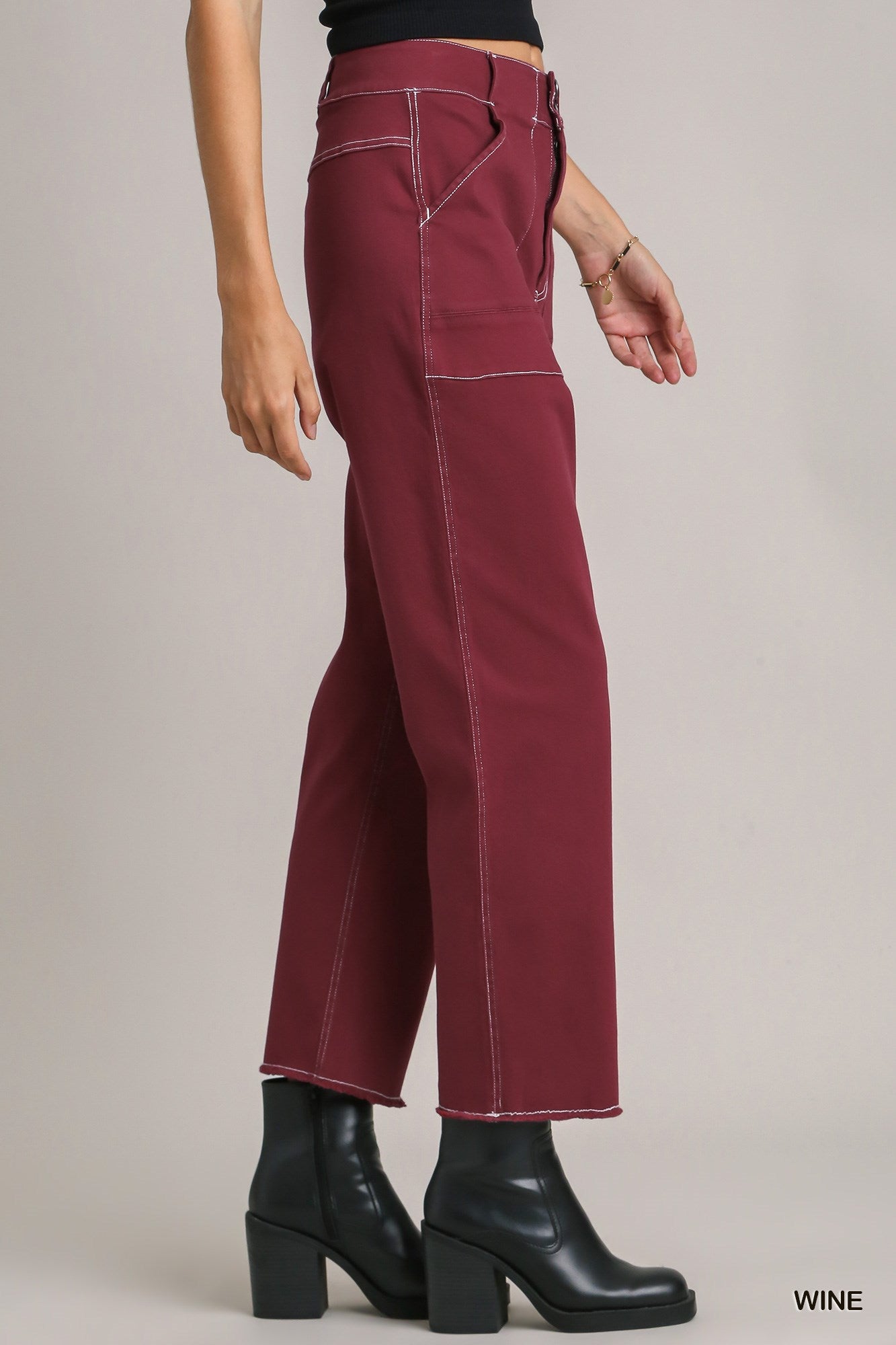 Umgee Twill Contrast-Trim Side Pockets Pants