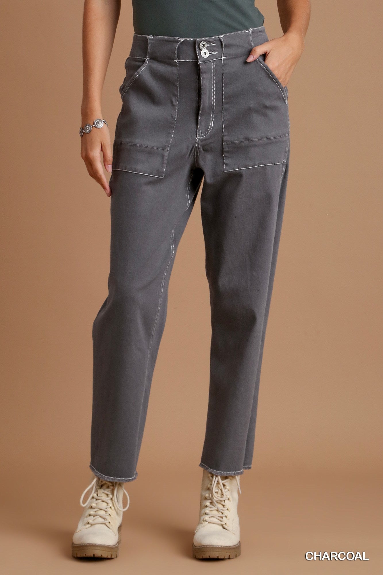 Umgee Twill Contrast-Trim Side Pockets Pants