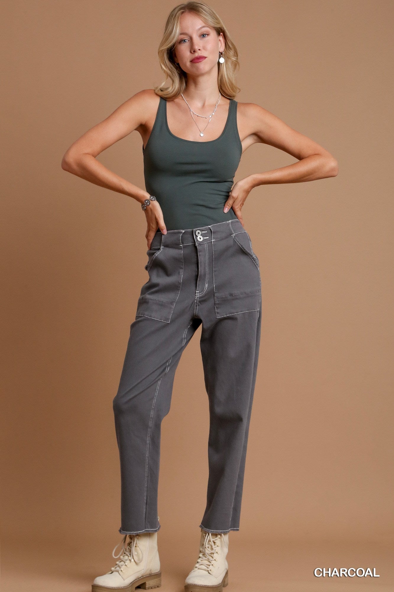 Umgee Twill Contrast-Trim Side Pockets Pants