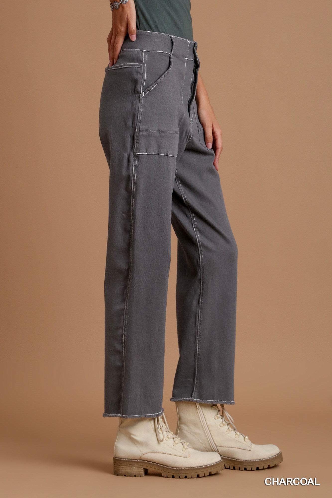 Umgee Twill Contrast-Trim Side Pockets Pants