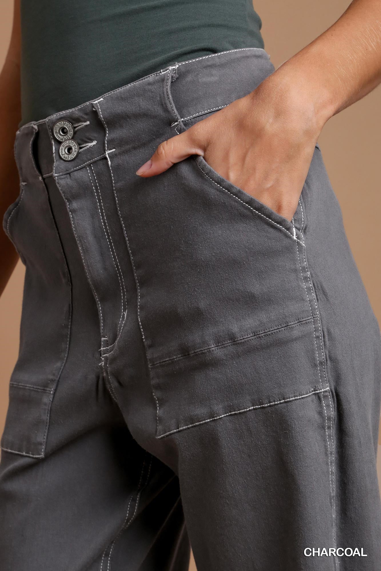 Umgee Twill Contrast-Trim Side Pockets Pants