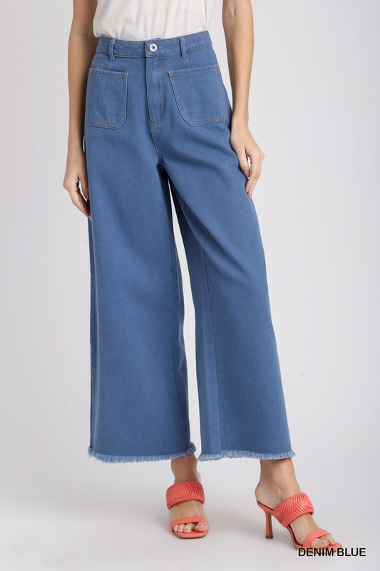 Umgee Regular Wash Front Back Pockets Frayed Hem Pants