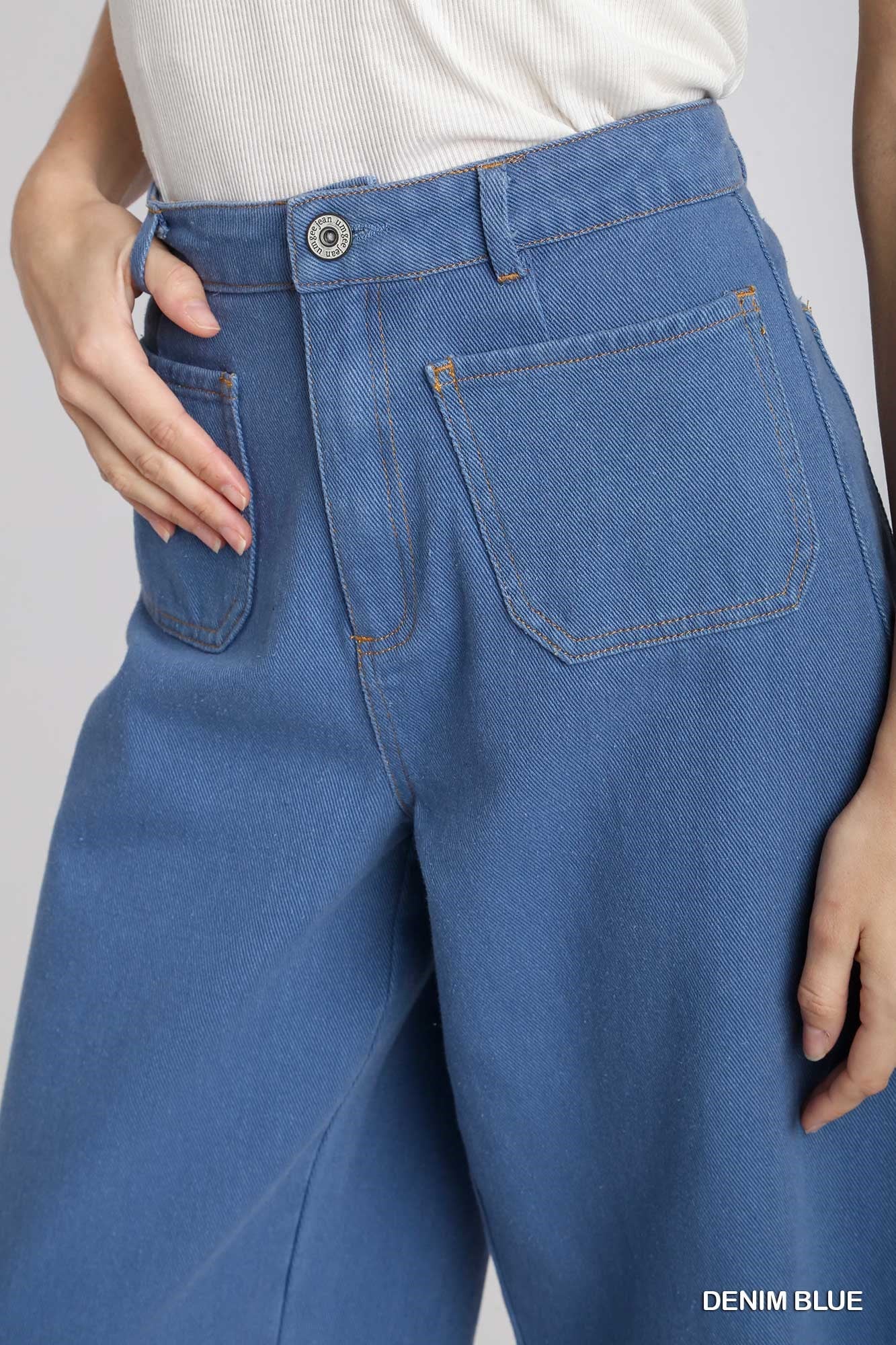 Umgee Regular Wash Front Back Pockets Frayed Hem Pants