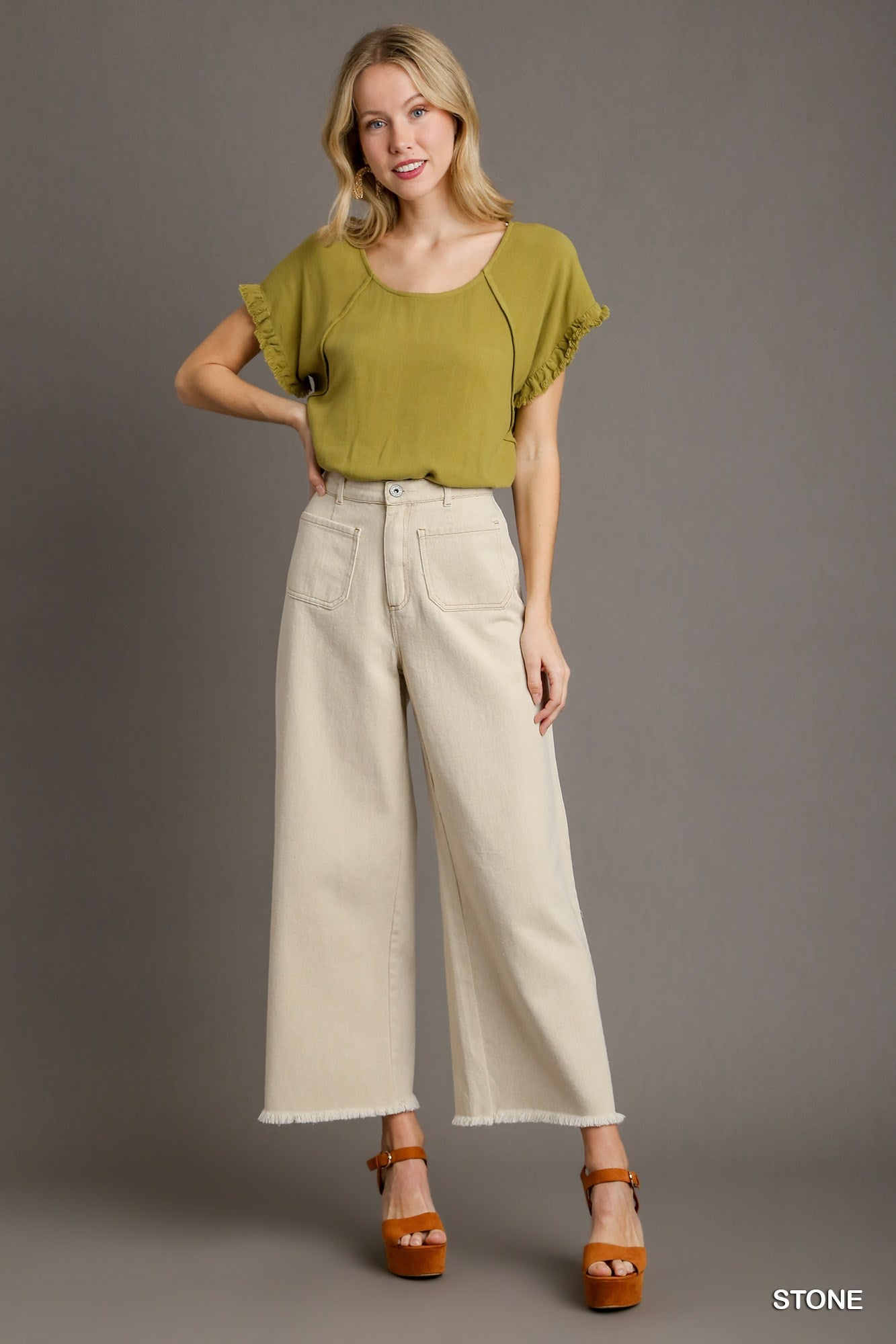 Umgee Regular Wash Front Back Pockets Frayed Hem Pants