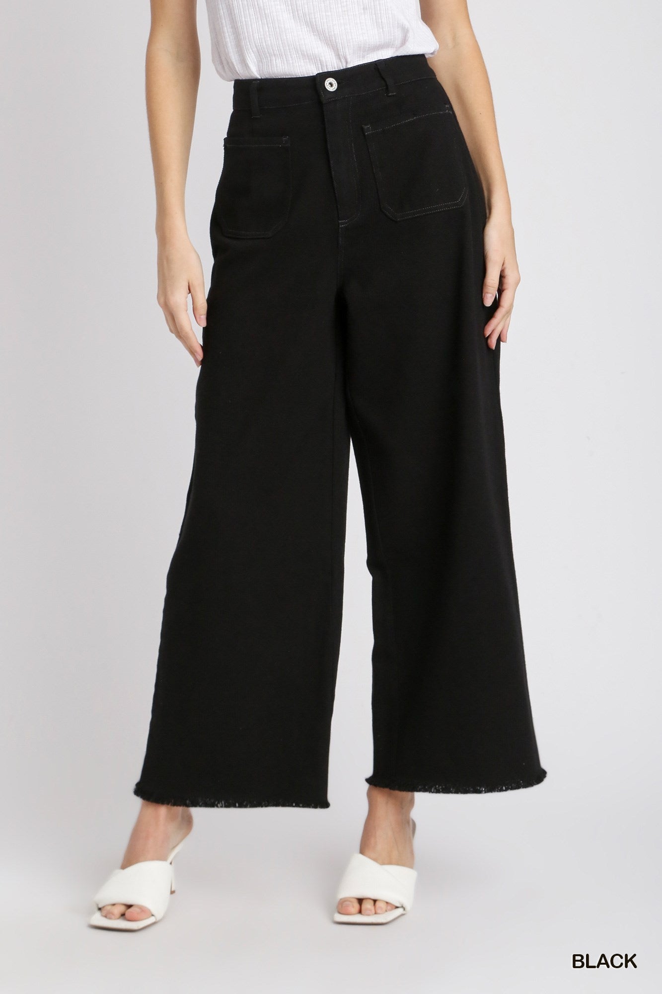Umgee Regular Wash Front Back Pockets Frayed Hem Pants