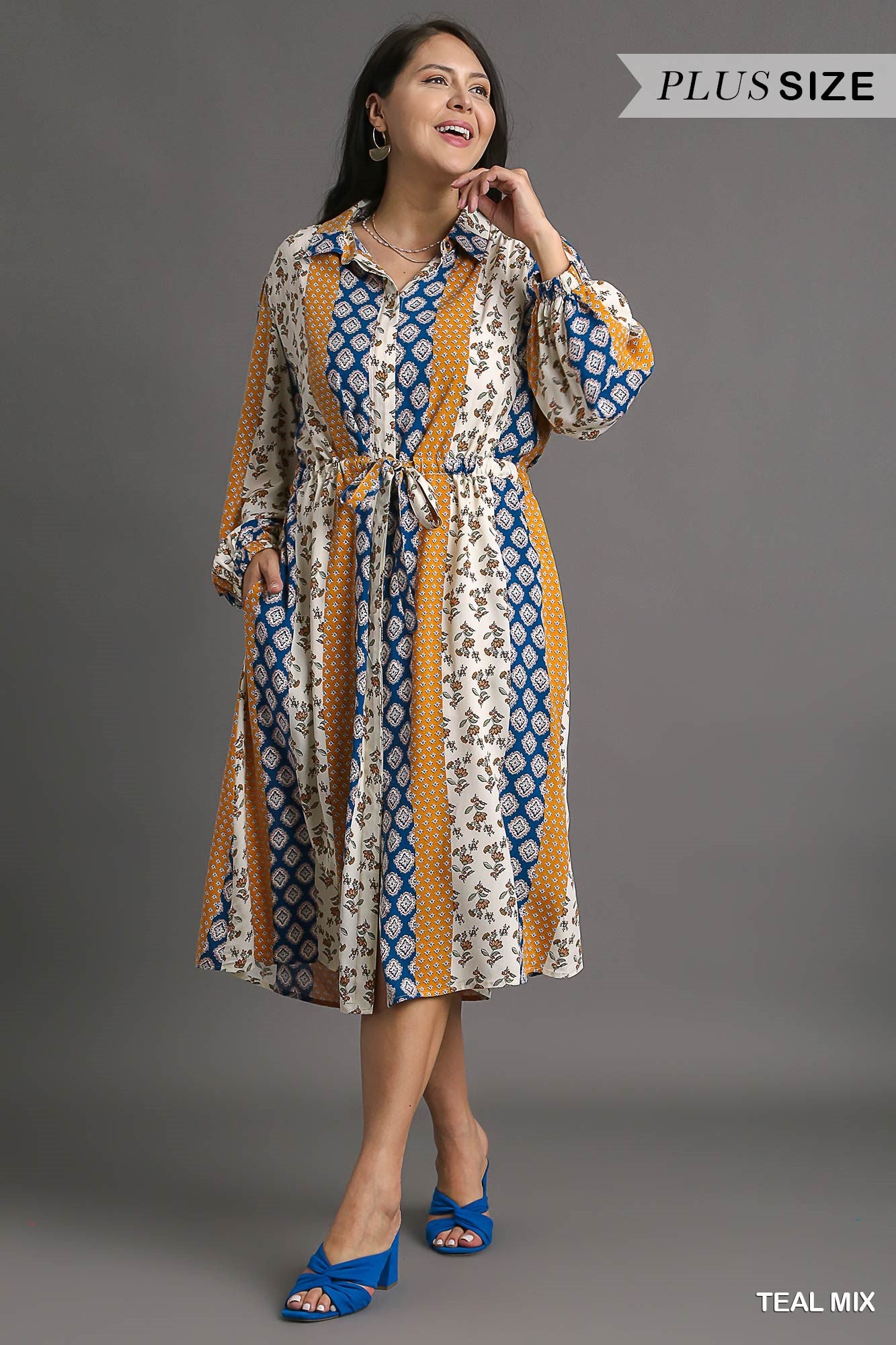 Umgee Plus Mixed Print Elastic Waistband Front Tie Midi Dress