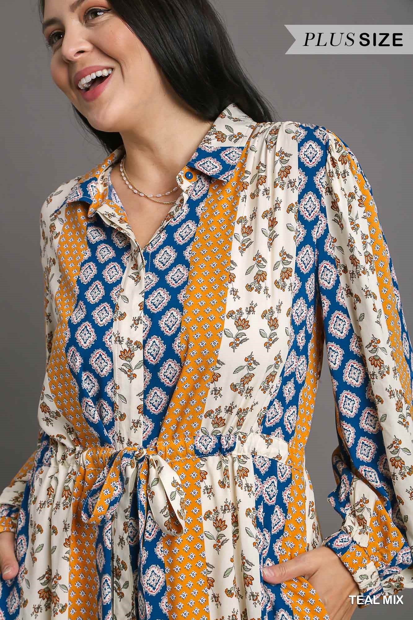 Umgee Plus Mixed Print Elastic Waistband Front Tie Midi Dress