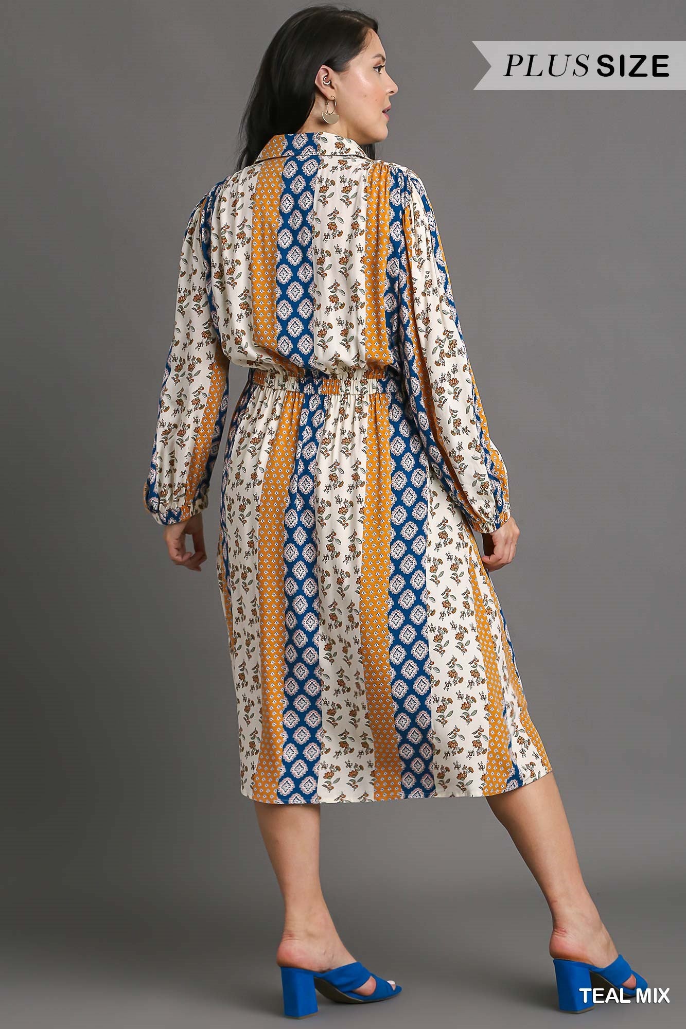 Umgee Plus Mixed Print Elastic Waistband Front Tie Midi Dress