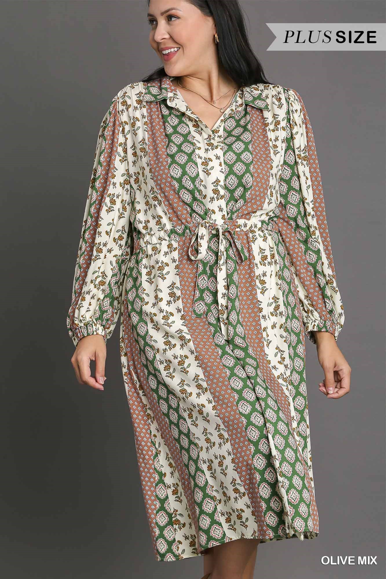 Umgee Plus Mixed Print Elastic Waistband Front Tie Midi Dress