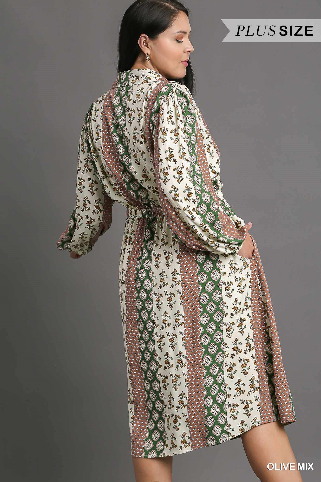 Umgee Plus Mixed Print Elastic Waistband Front Tie Midi Dress