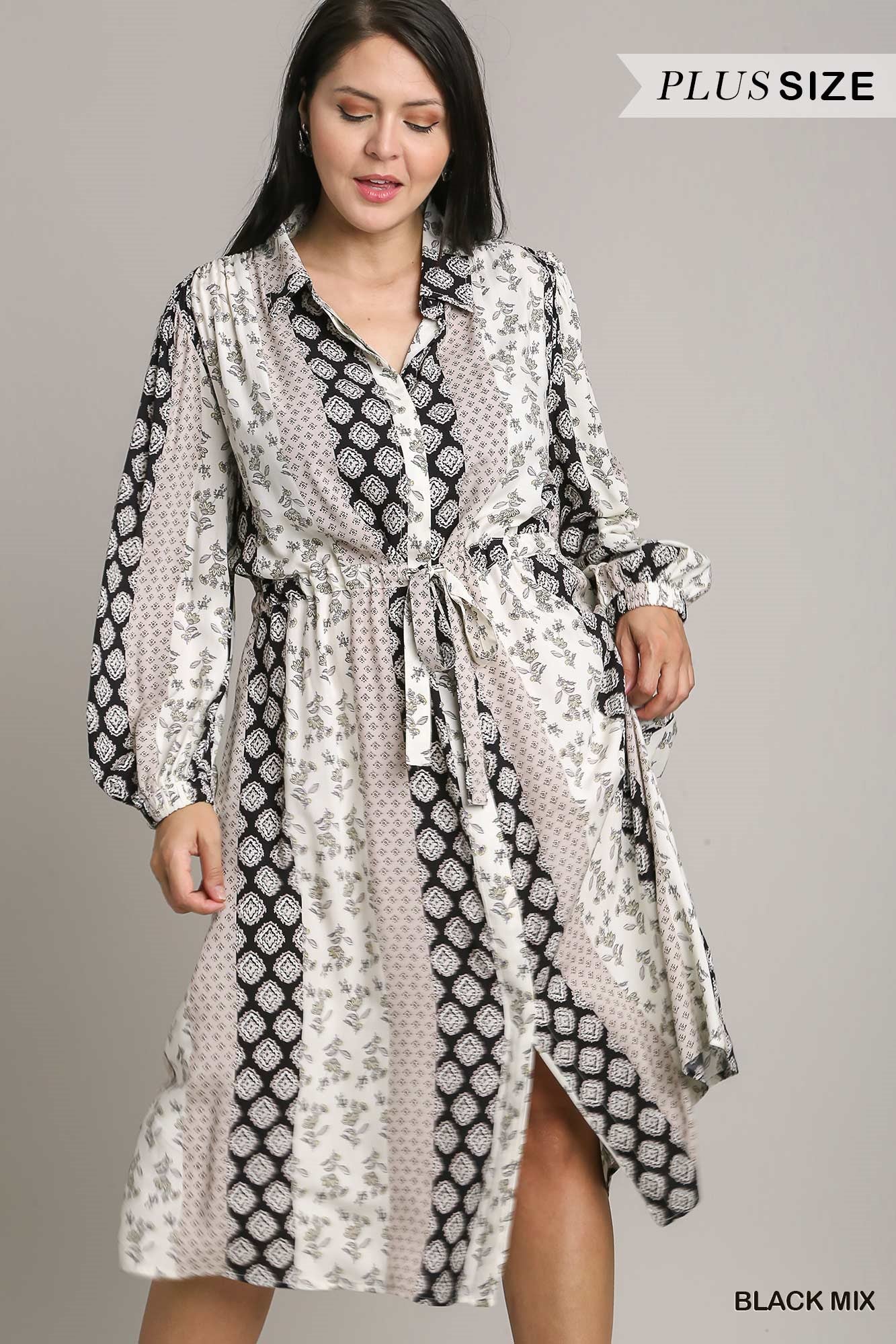 Umgee Plus Mixed Print Elastic Waistband Front Tie Midi Dress