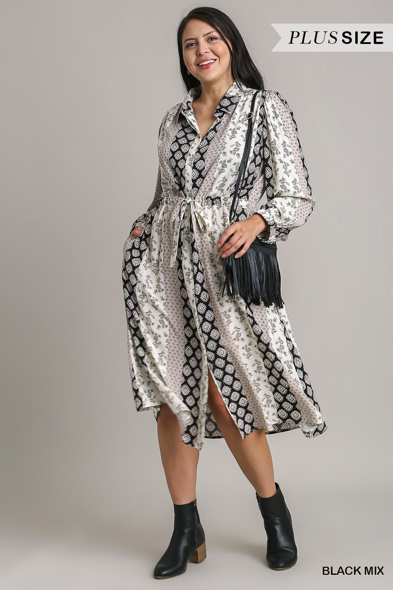 Umgee Plus Mixed Print Elastic Waistband Front Tie Midi Dress