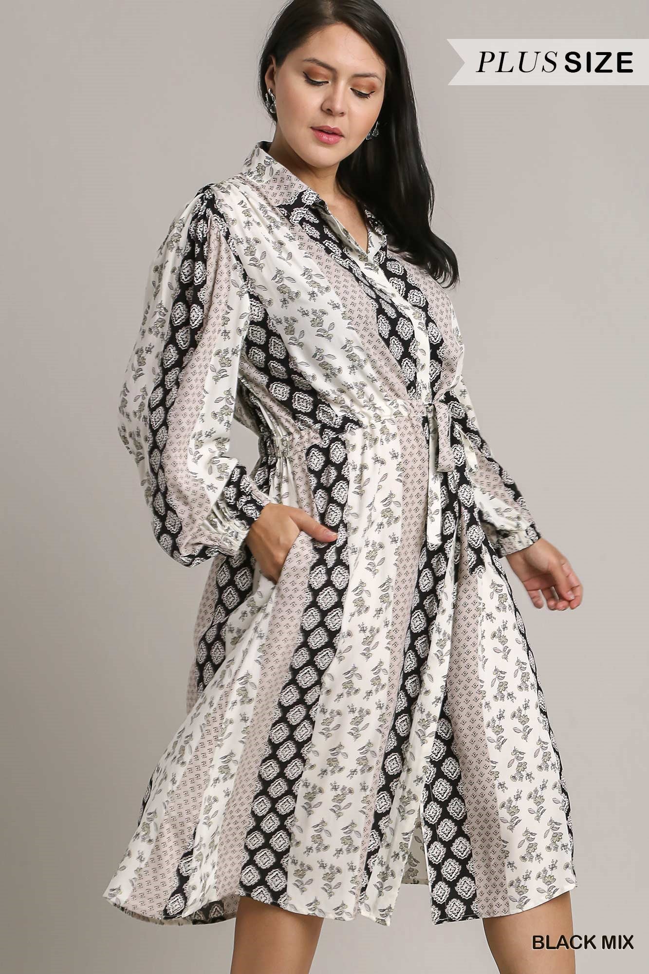 Umgee Plus Mixed Print Elastic Waistband Front Tie Midi Dress