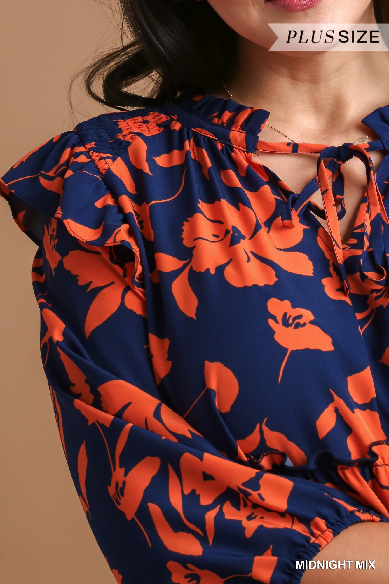 Umgee Plus Tiered Floral Print 3/4 Sleeve Ruffle Neck Tie Dress