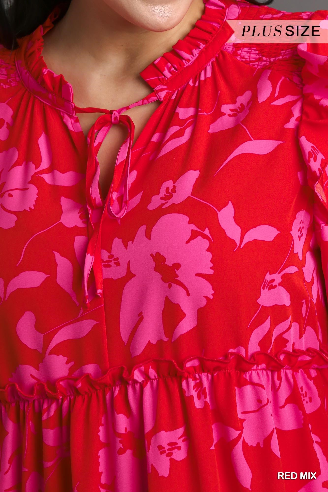 Umgee Plus Tiered Floral Print 3/4 Sleeve Ruffle Neck Tie Dress