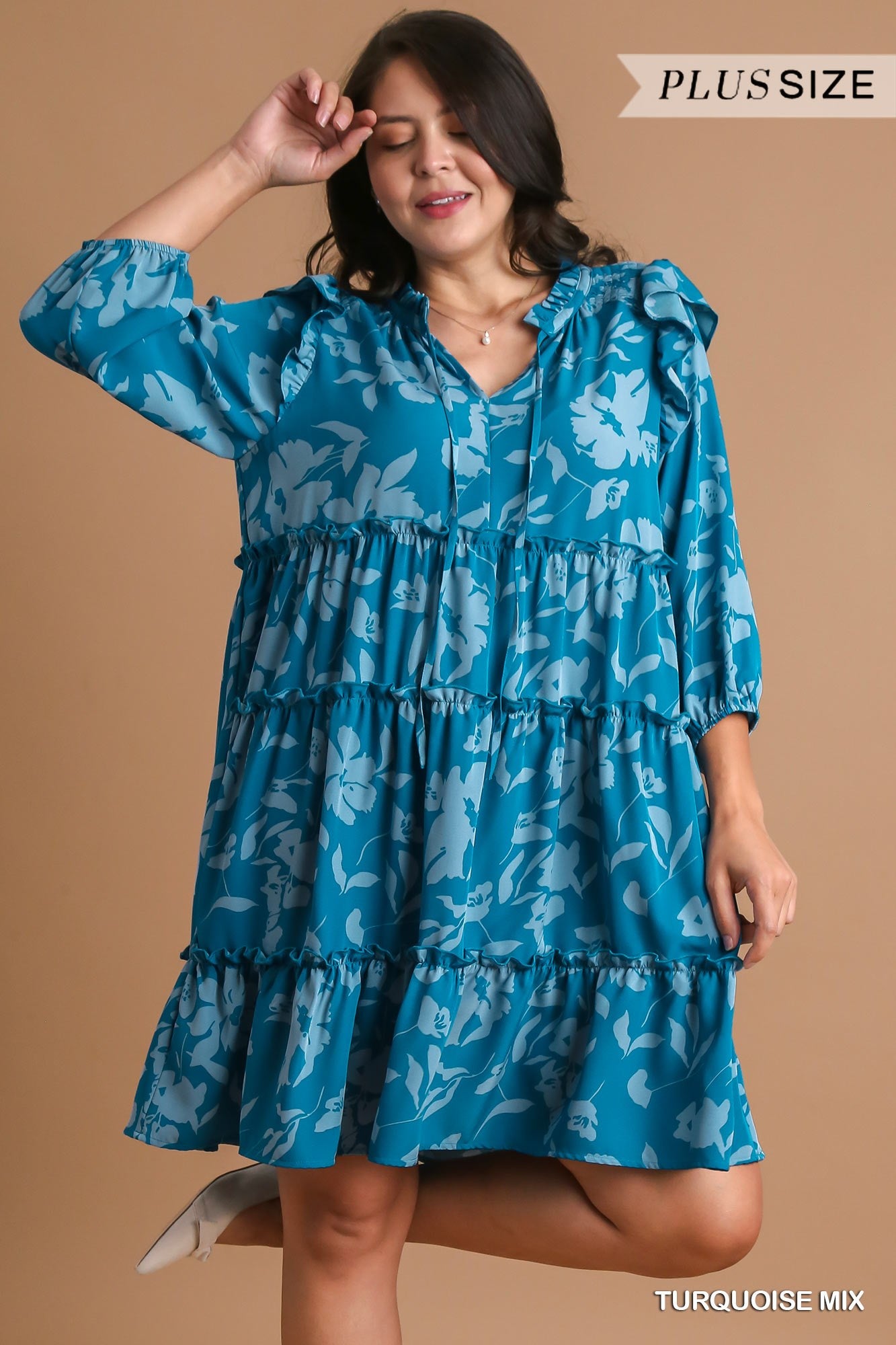 Umgee Plus Tiered Floral Print 3/4 Sleeve Ruffle Neck Tie Dress