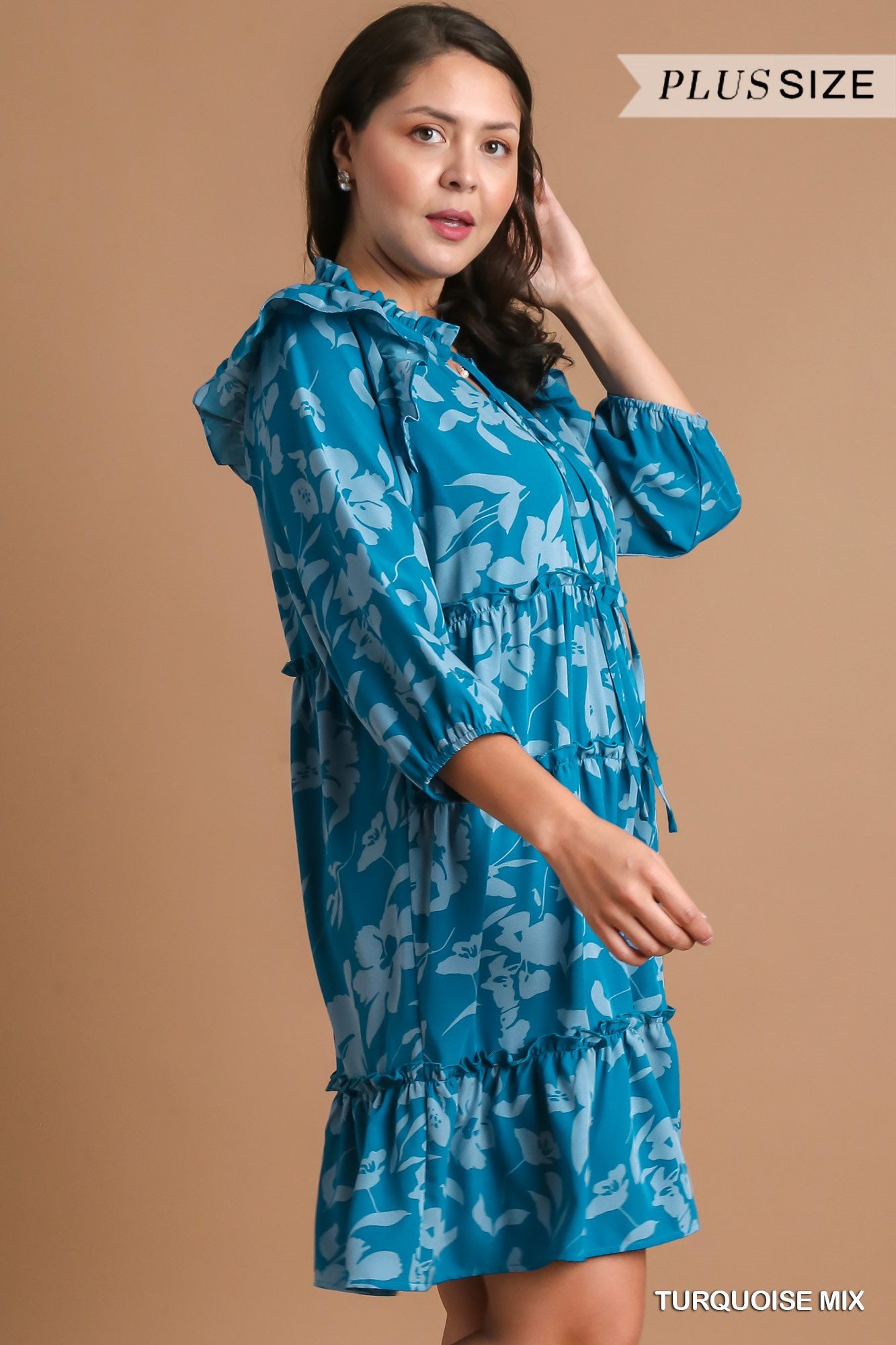 Umgee Plus Tiered Floral Print 3/4 Sleeve Ruffle Neck Tie Dress