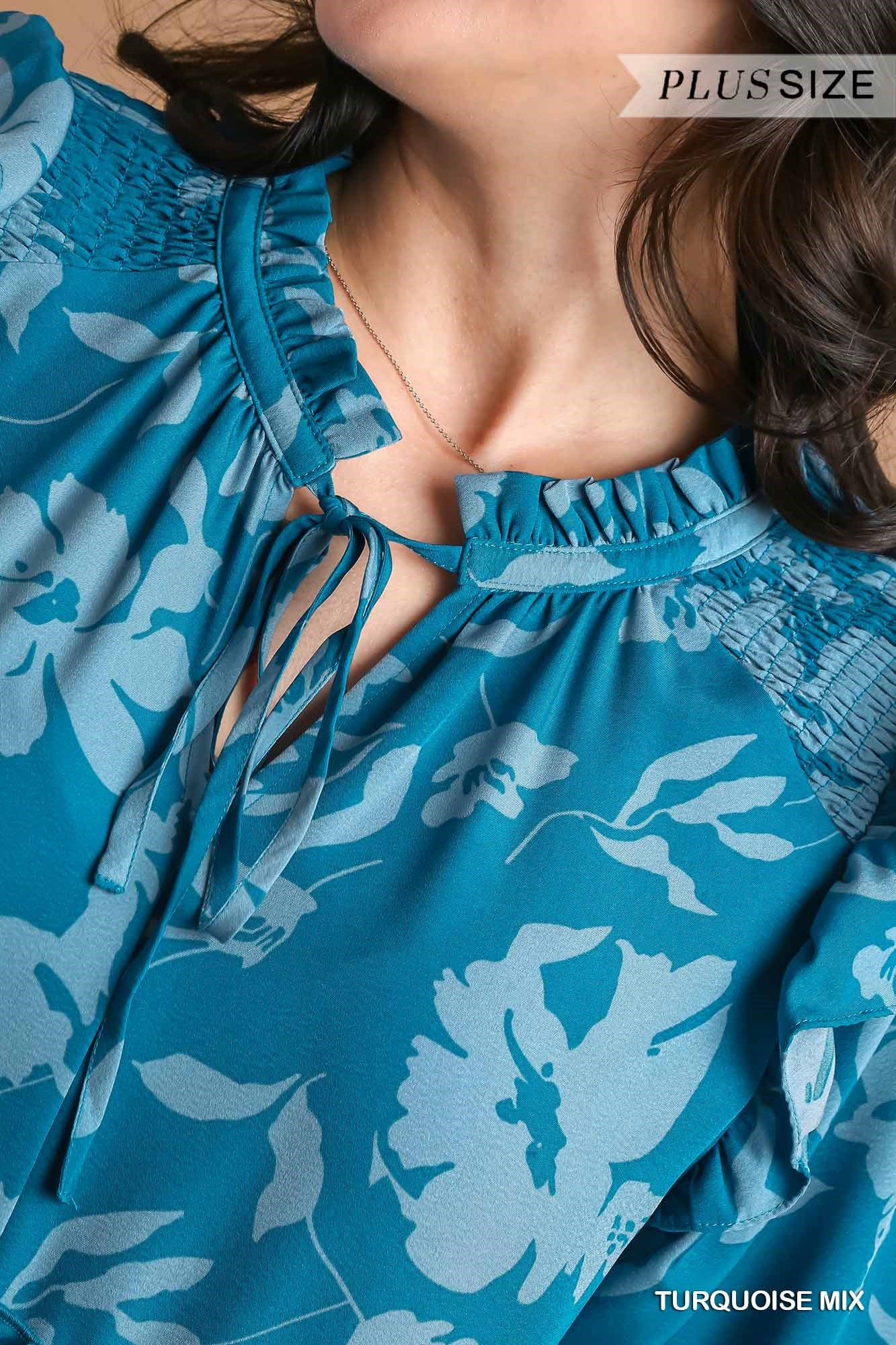 Umgee Plus Tiered Floral Print 3/4 Sleeve Ruffle Neck Tie Dress