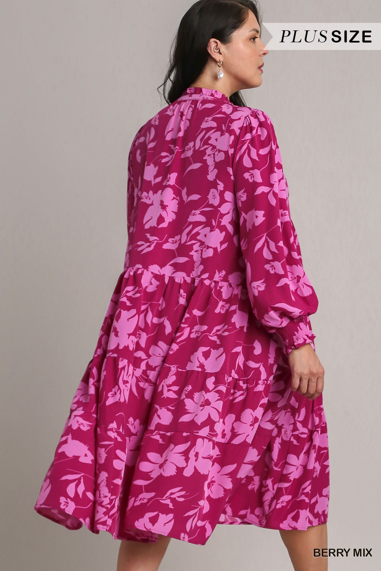 Umgee Plus Floral Print Ruffle V-Neck Tiered Midi Dress