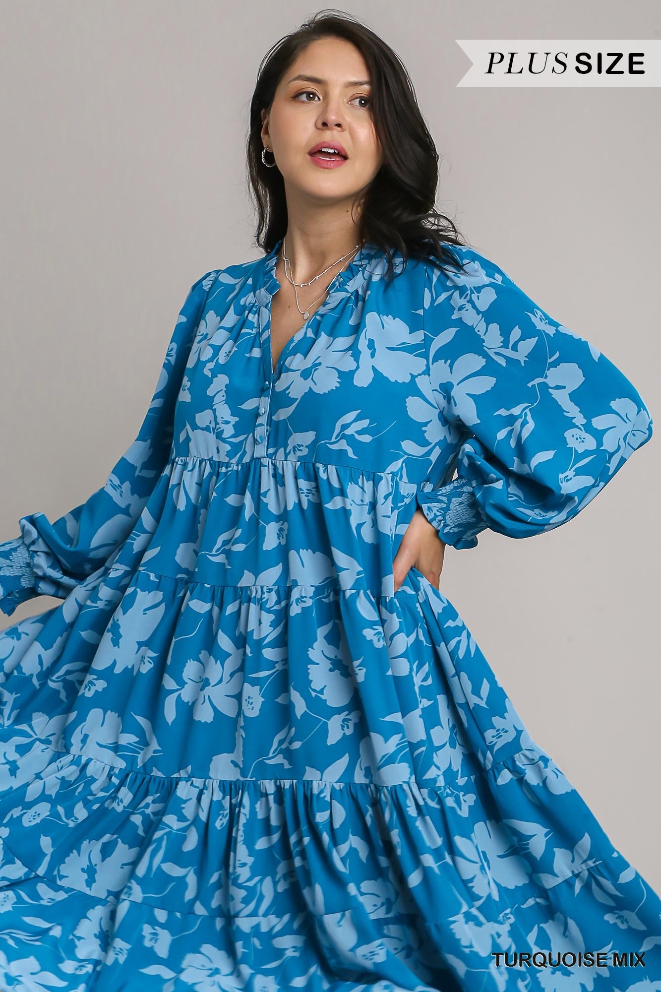 Umgee Plus Floral Print Ruffle V-Neck Tiered Midi Dress