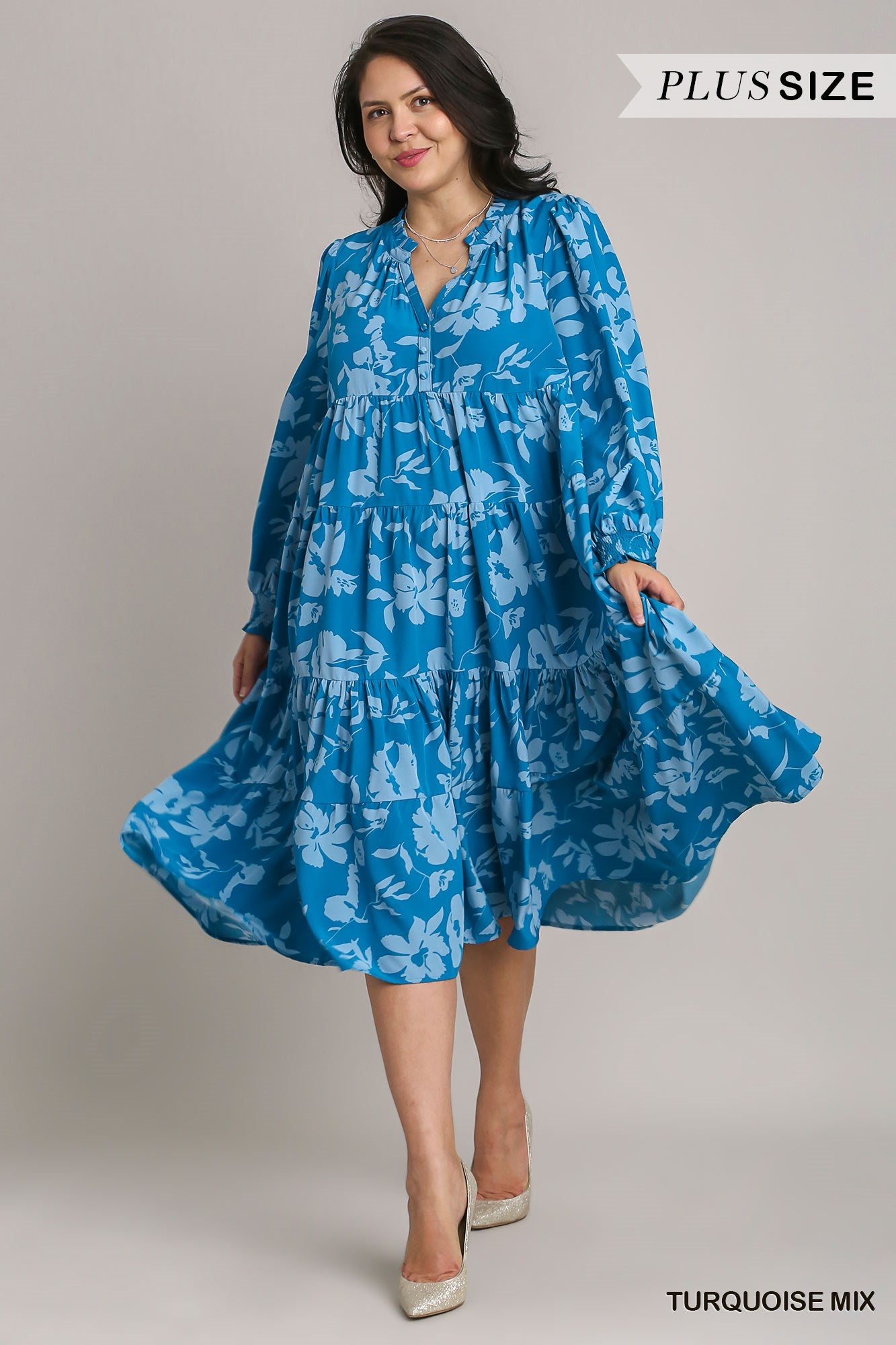 Umgee Plus Floral Print Ruffle V-Neck Tiered Midi Dress