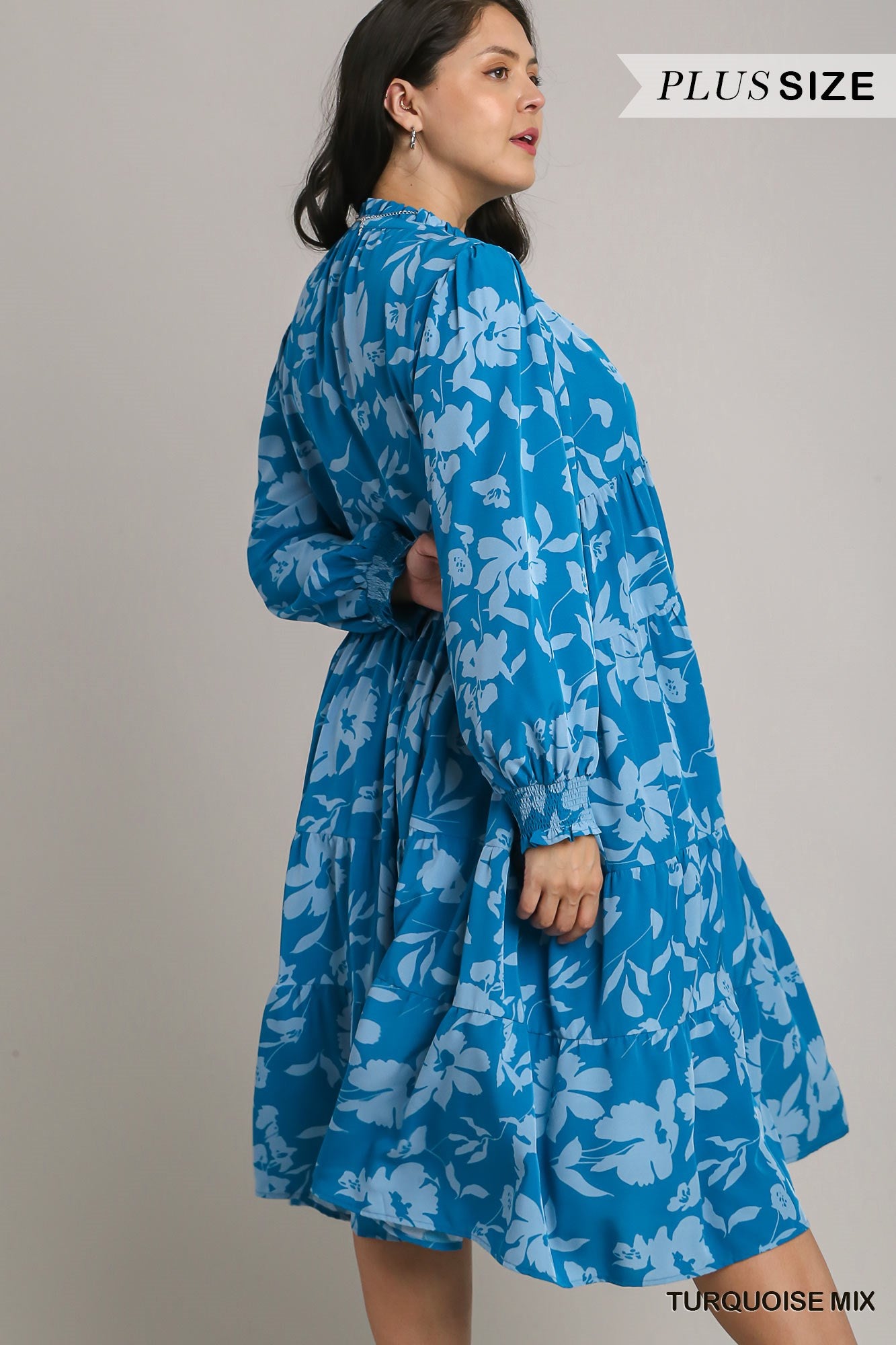 Umgee Plus Floral Print Ruffle V-Neck Tiered Midi Dress