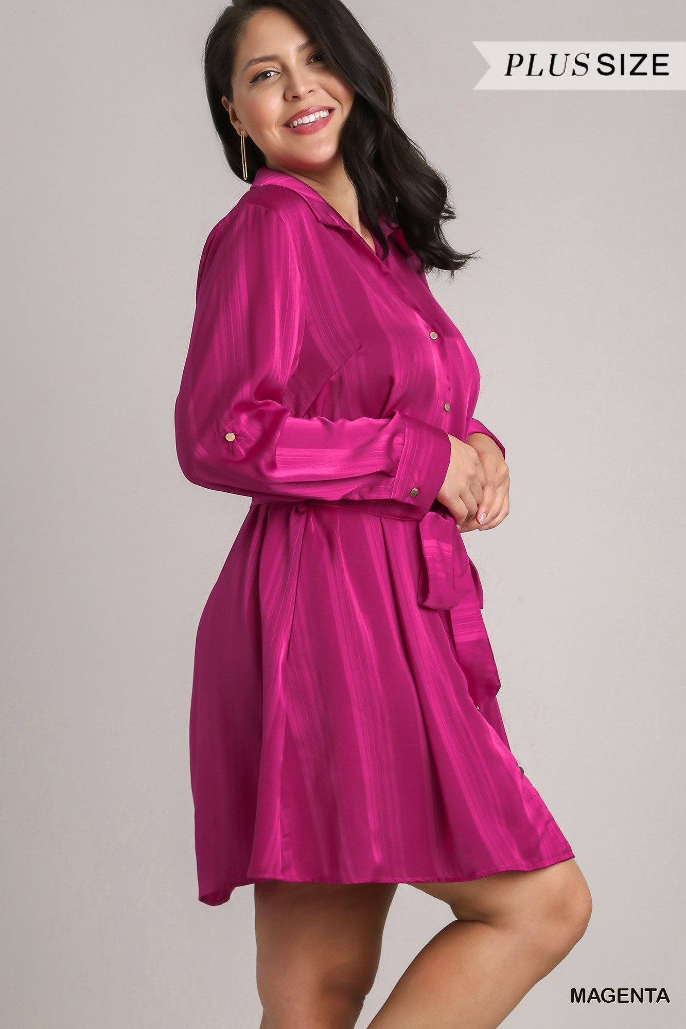 Umgee Plus Texture Satin Tie Collar Shirt Dress