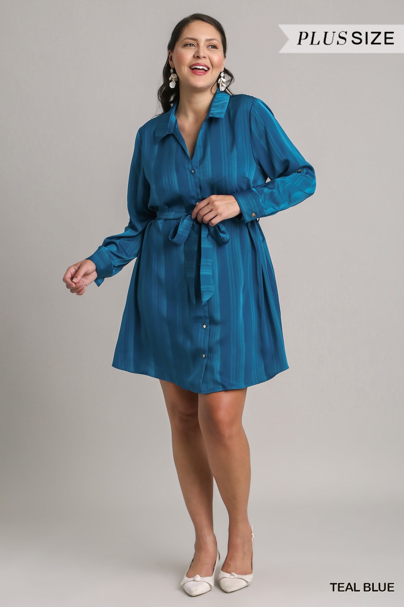 Umgee Plus Texture Satin Tie Collar Shirt Dress