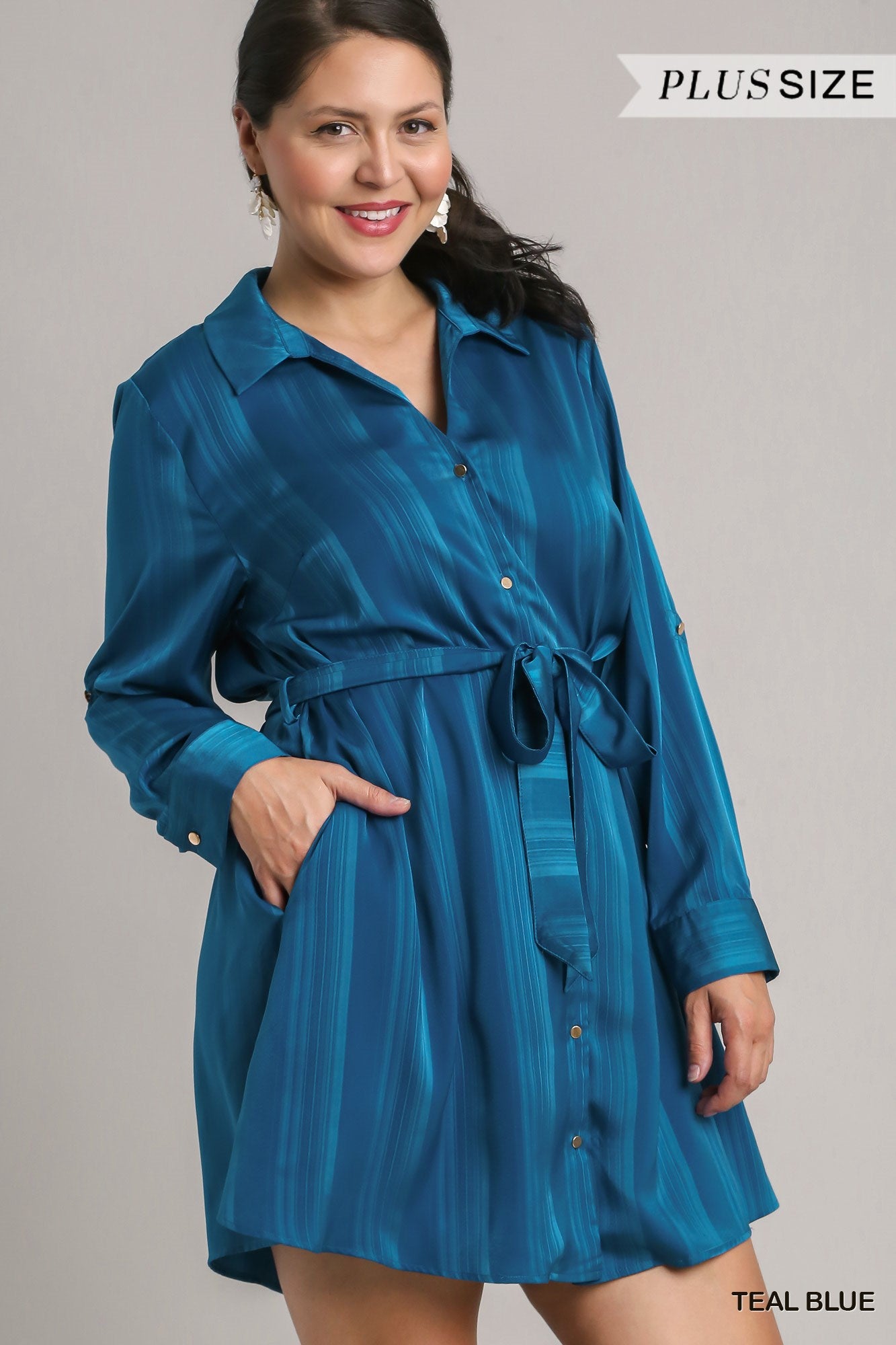Umgee Plus Texture Satin Tie Collar Shirt Dress