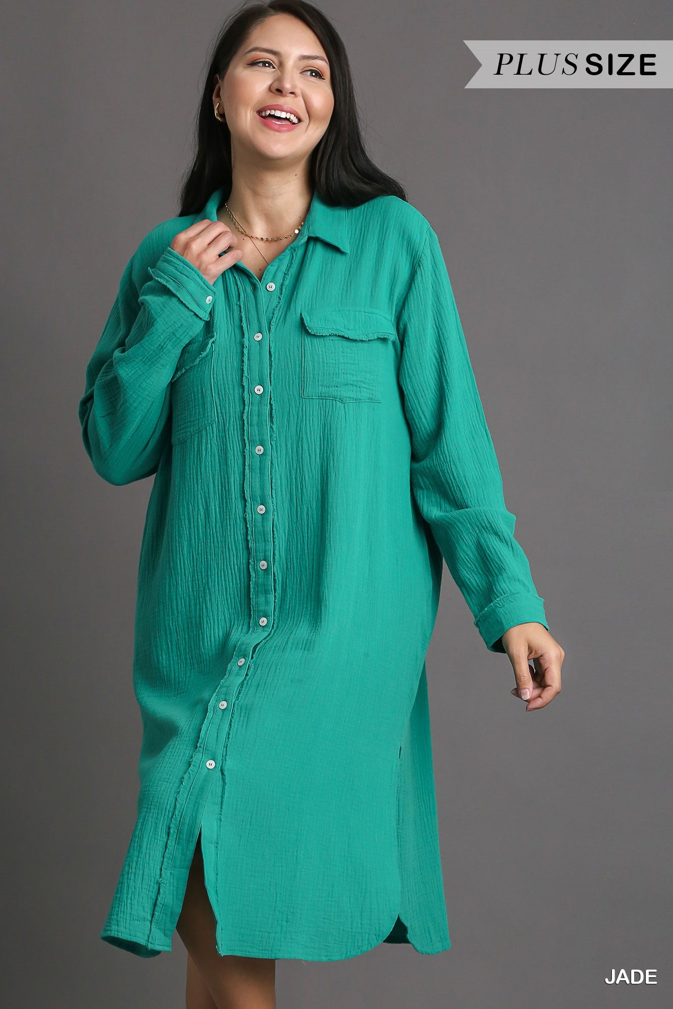 Umgee Plus Cotton Gauze Button Down Shirt Dress