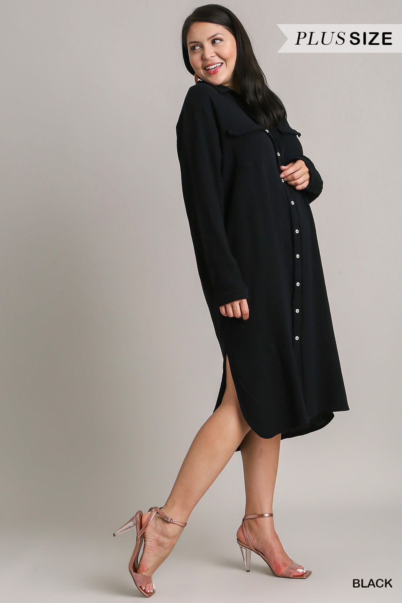 Umgee Plus Cotton Gauze Button Down Shirt Dress
